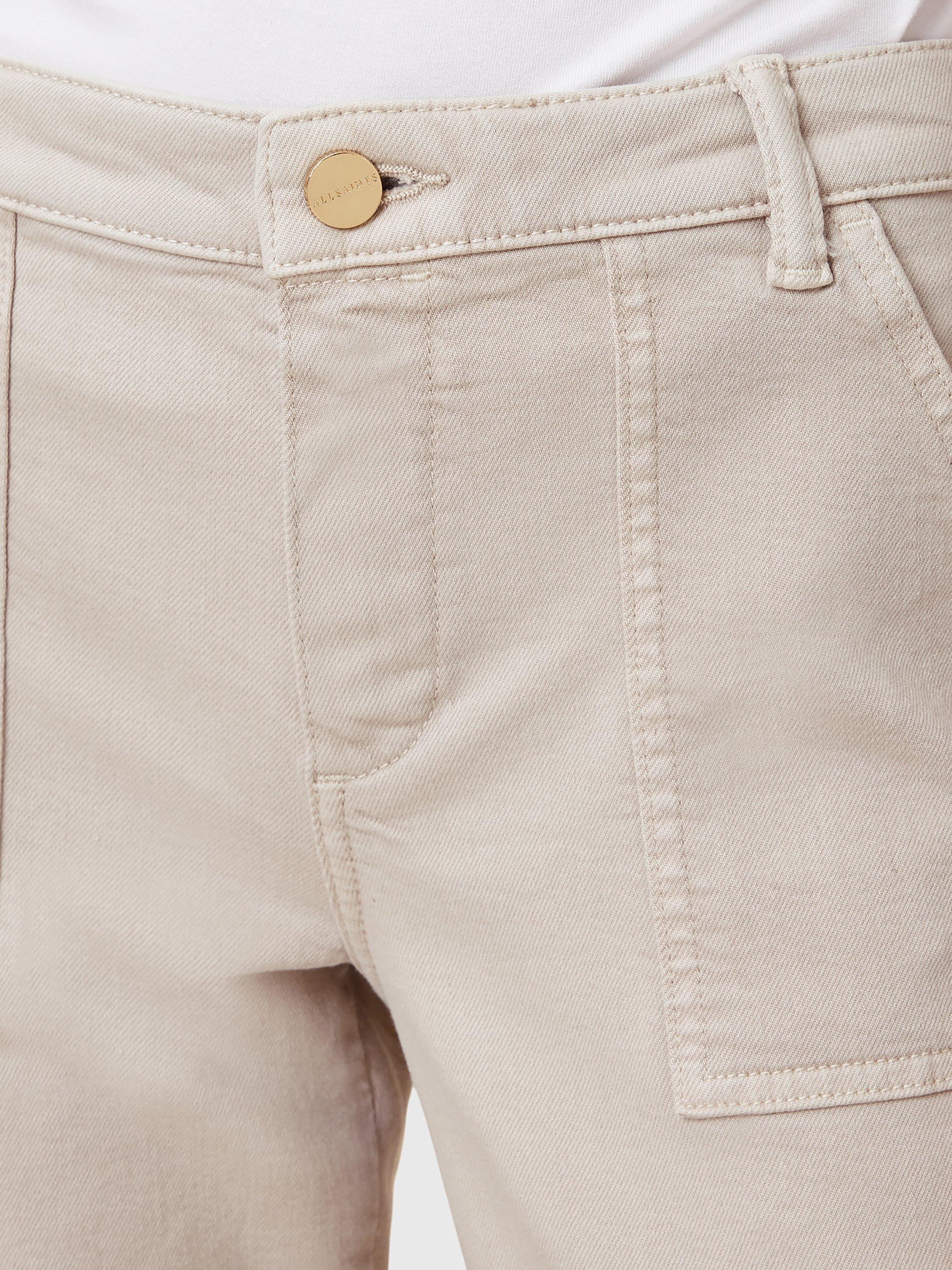 Product image 6 of 10, which shows AllSaints Duran Asymmetrical Cotton Blend Cargo Jeans, Cream, 25