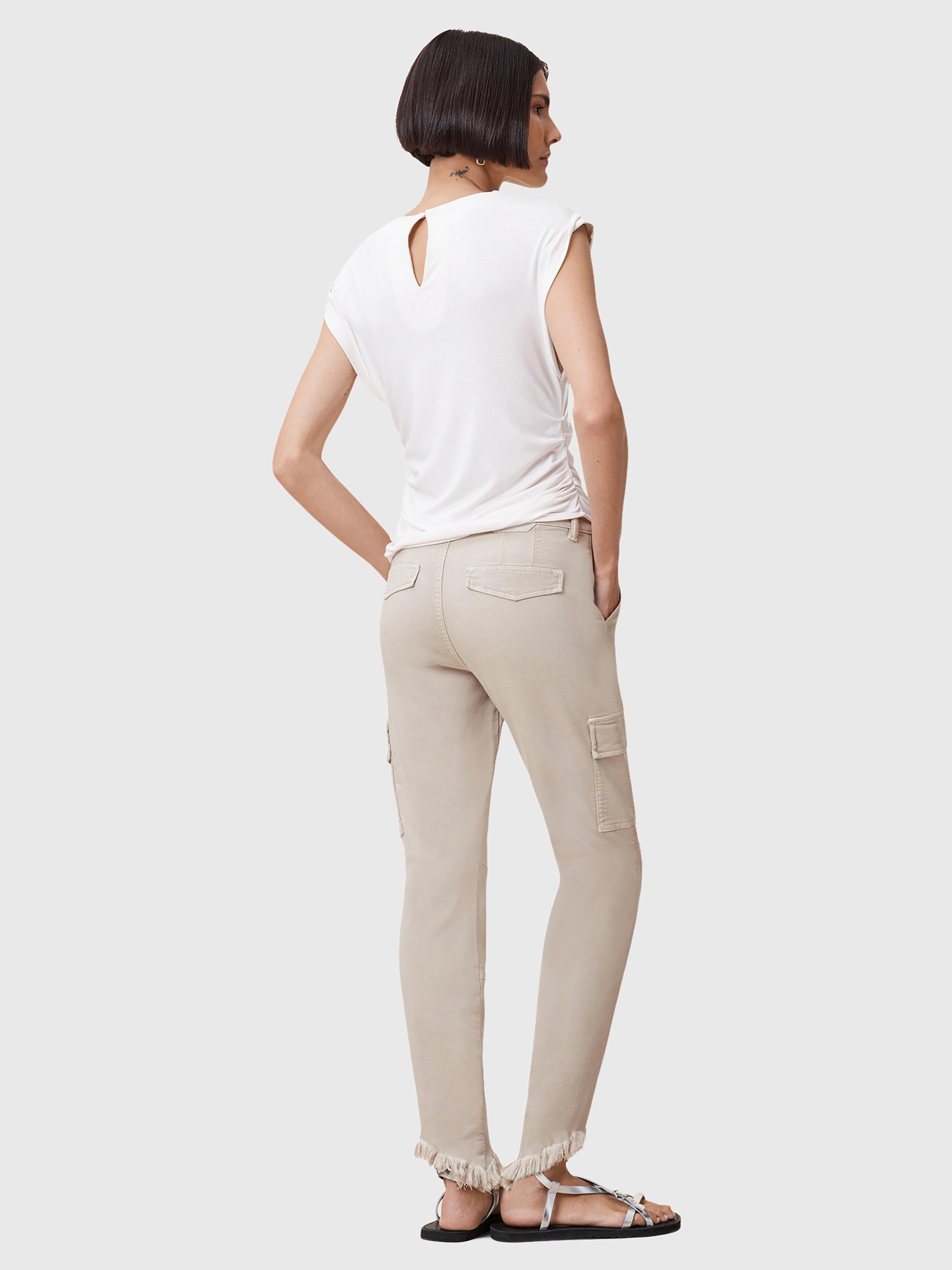 Product image 9 of 10, which shows AllSaints Duran Asymmetrical Cotton Blend Cargo Jeans, Cream, 25