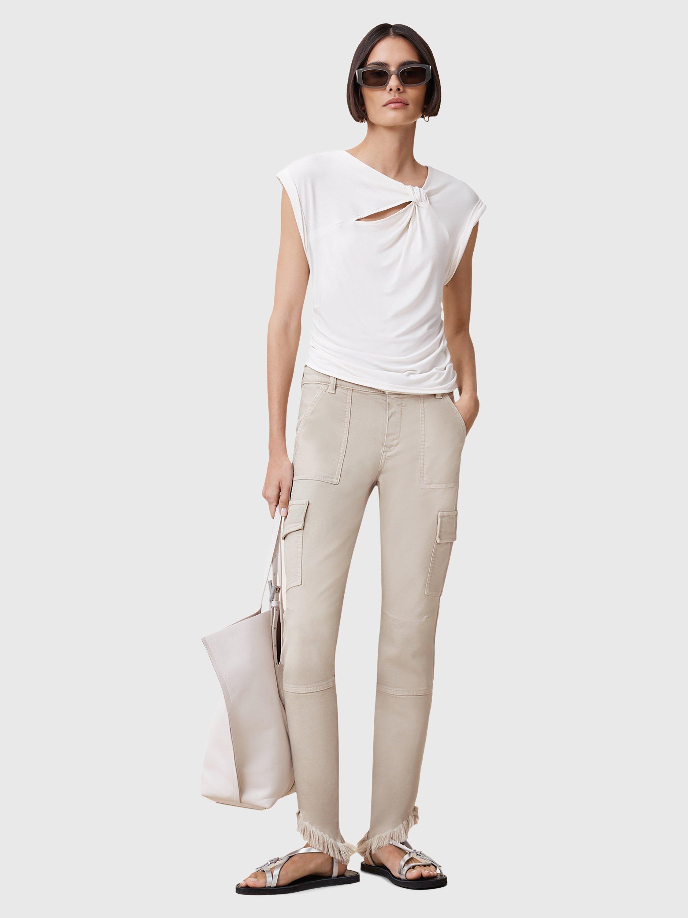 Product image 10 of 10, which shows AllSaints Duran Asymmetrical Cotton Blend Cargo Jeans, Cream, 25