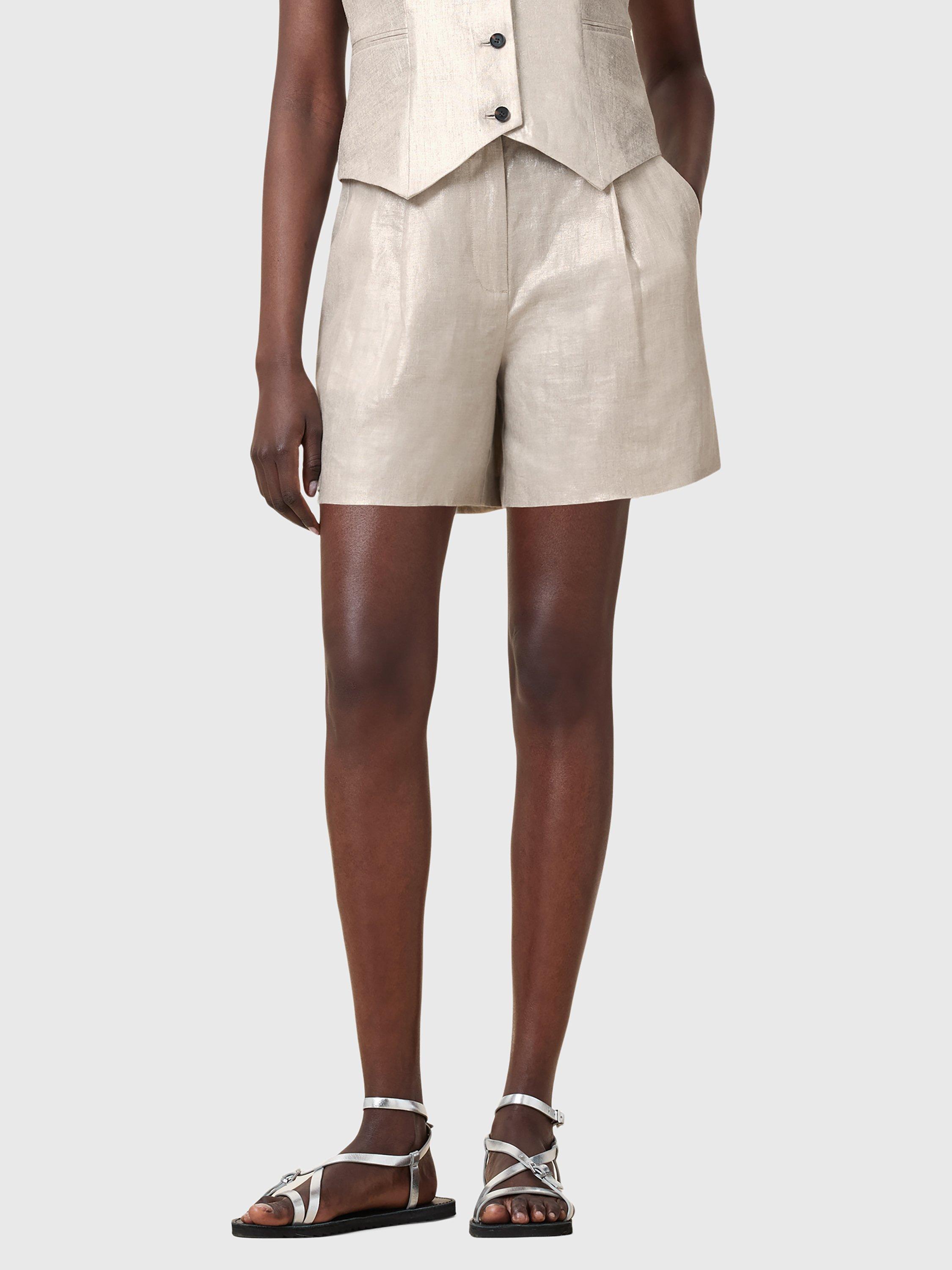 Product image 1 of 9, which shows AllSaints Averie Tailored Linen Shorts, Silver Grey, 10