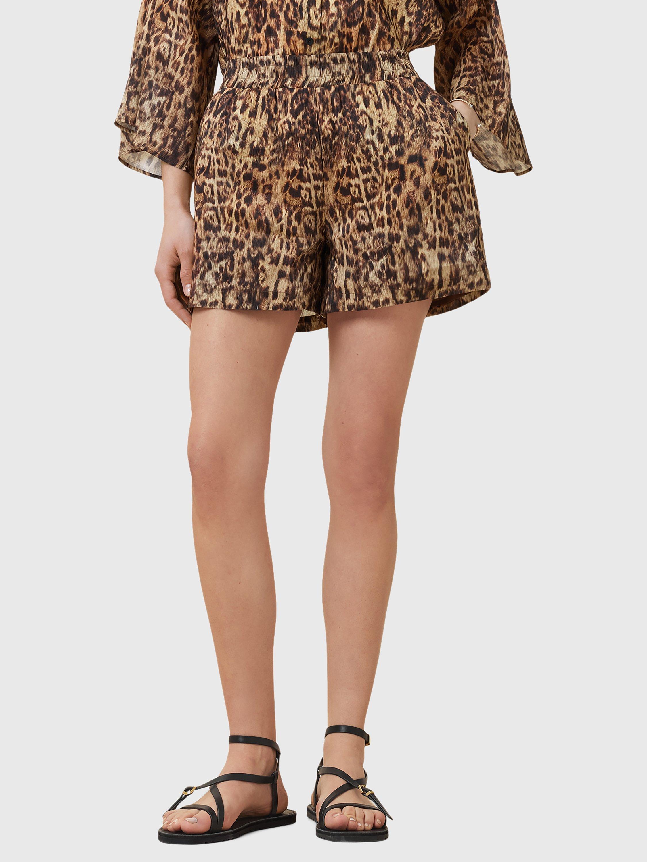 Product image 1 of 8, which shows AllSaints Charlie Leopard Print Linen Blend Shorts, Evia Golden Brown, 6