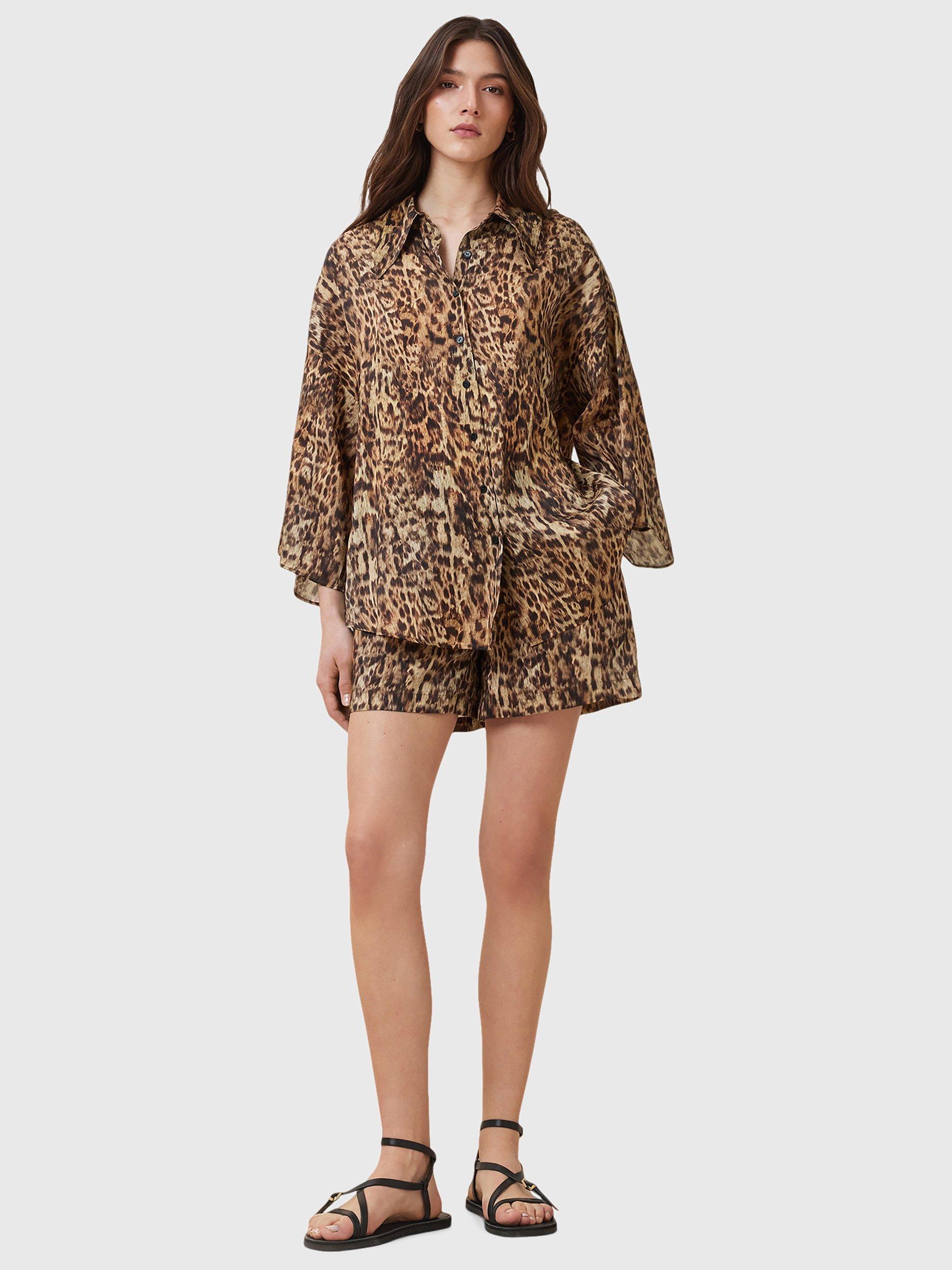 Product image 3 of 8, which shows AllSaints Charlie Leopard Print Linen Blend Shorts, Evia Golden Brown, 6