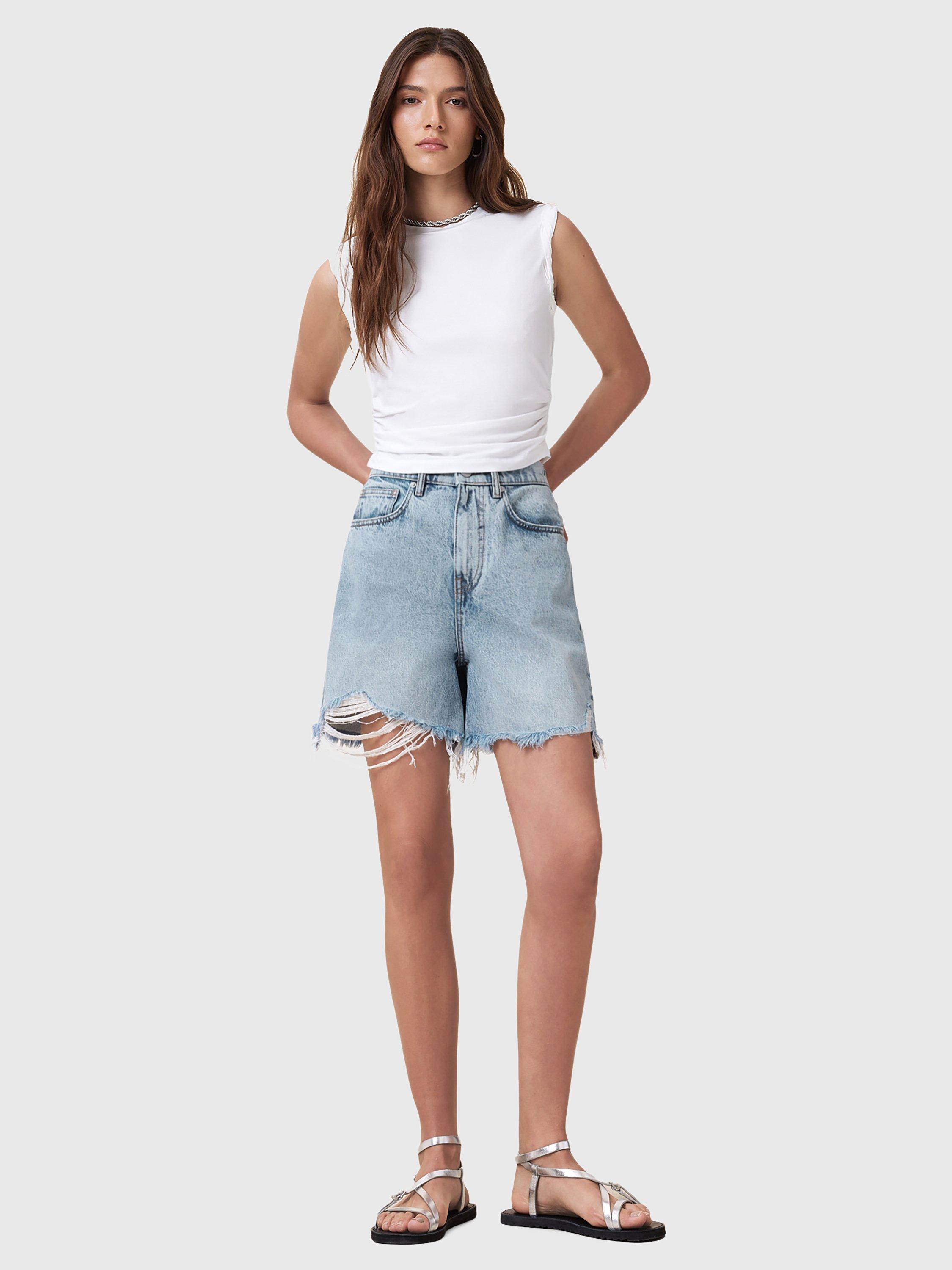 Product image 3 of 8, which shows AllSaints Doris Organic Cotton Denim Shorts, Light Indigo, 25