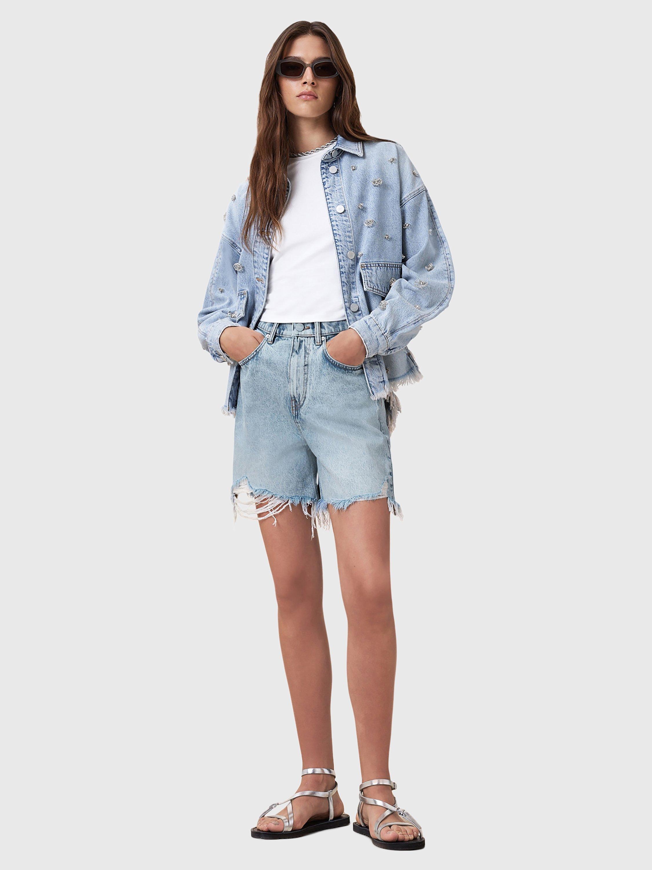 Product image 6 of 8, which shows AllSaints Doris Organic Cotton Denim Shorts, Light Indigo, 25