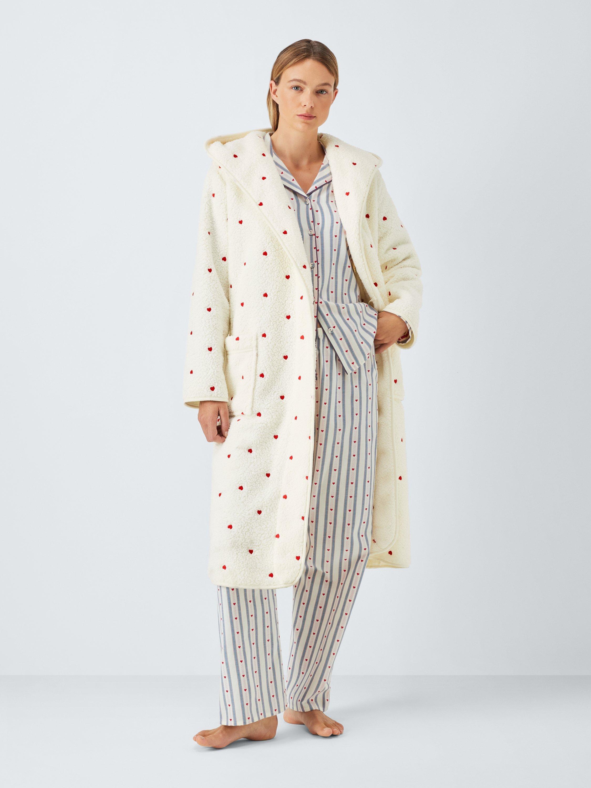 Product image 1 of 8, which shows John Lewis Embroidered Heart Borg Dressing Gown, Ivory/Red, S