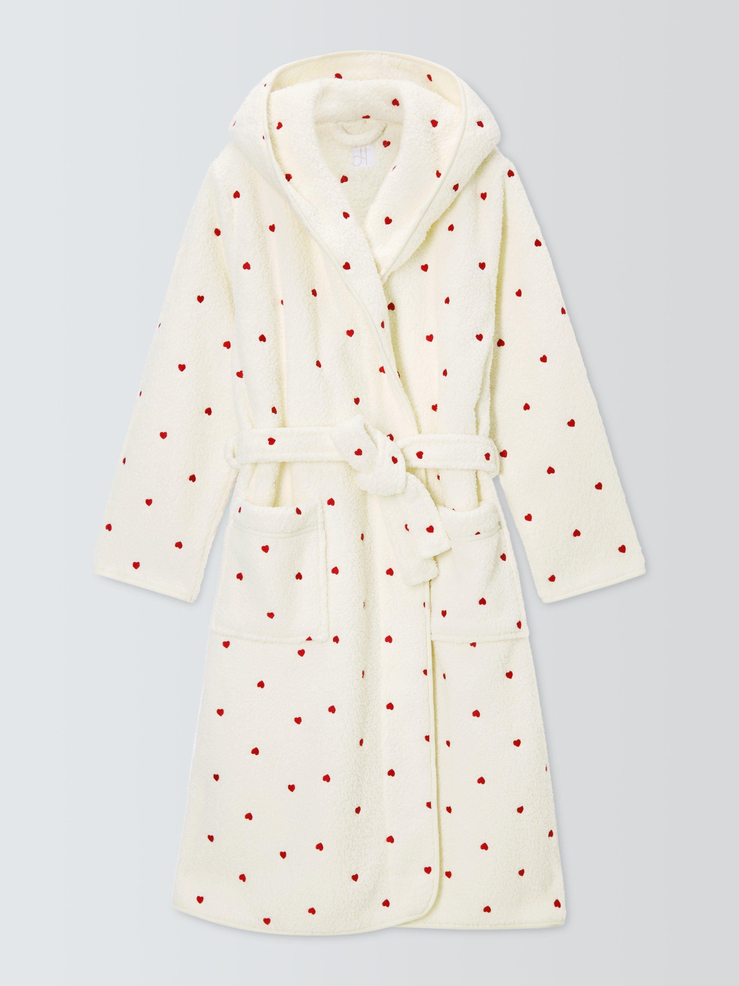 Product image 5 of 8, which shows John Lewis Embroidered Heart Borg Dressing Gown, Ivory/Red, S