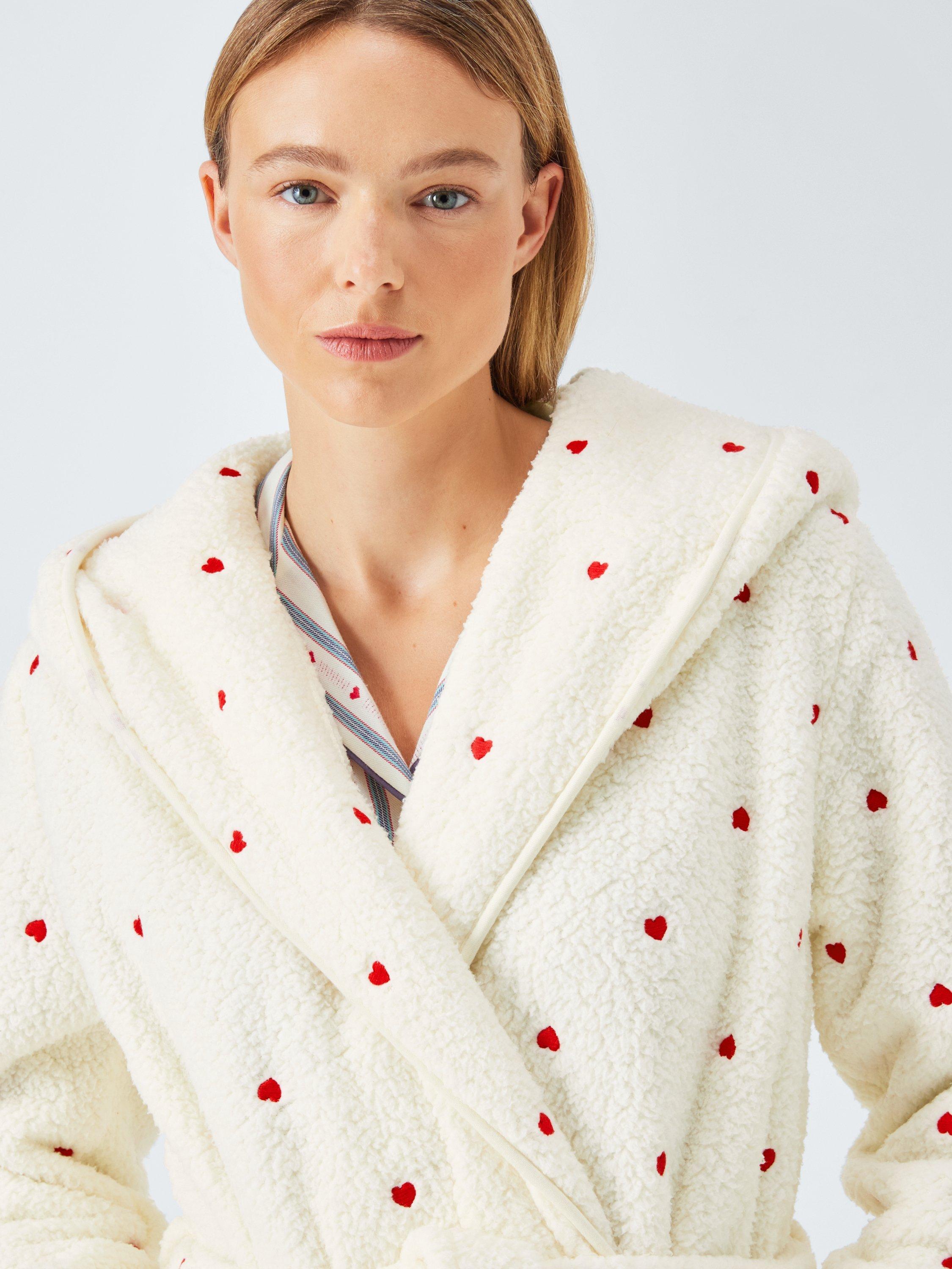 Product image 7 of 8, which shows John Lewis Embroidered Heart Borg Dressing Gown, Ivory/Red, S