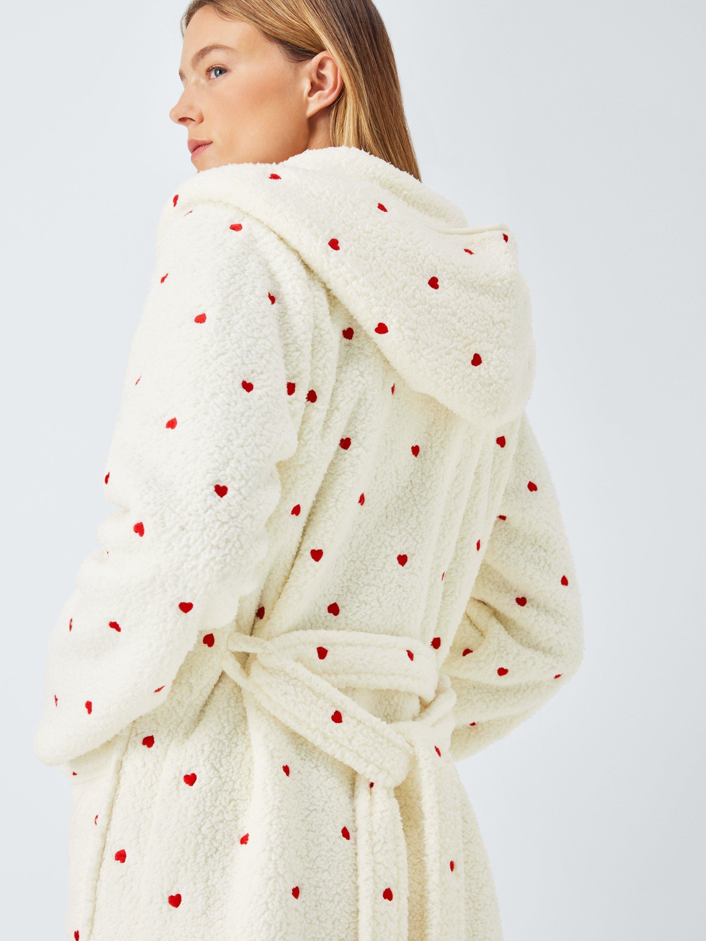 Product image 8 of 8, which shows John Lewis Embroidered Heart Borg Dressing Gown, Ivory/Red, S