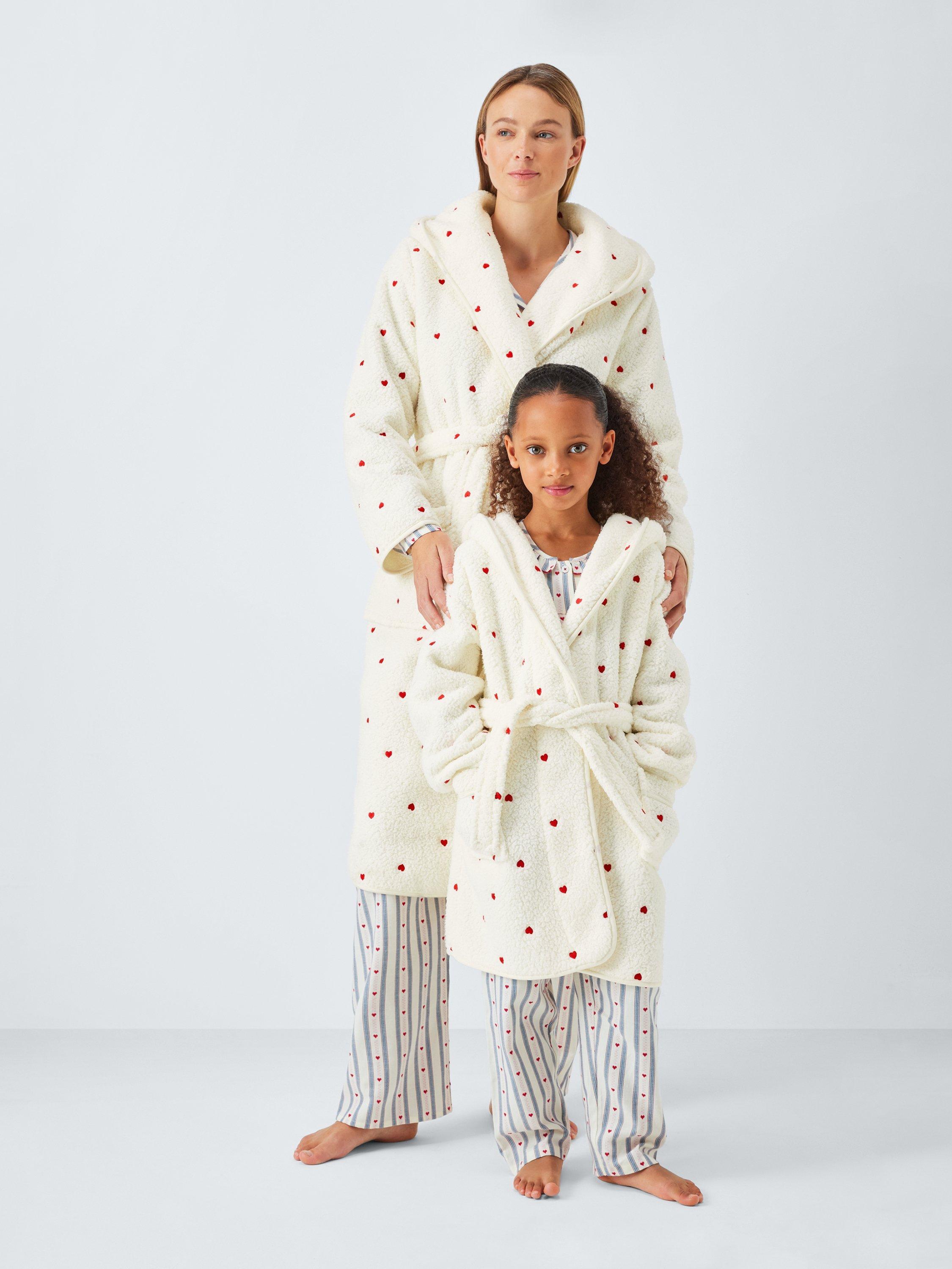 Product image 2 of 8, which shows John Lewis Embroidered Heart Borg Dressing Gown, Ivory/Red, S
