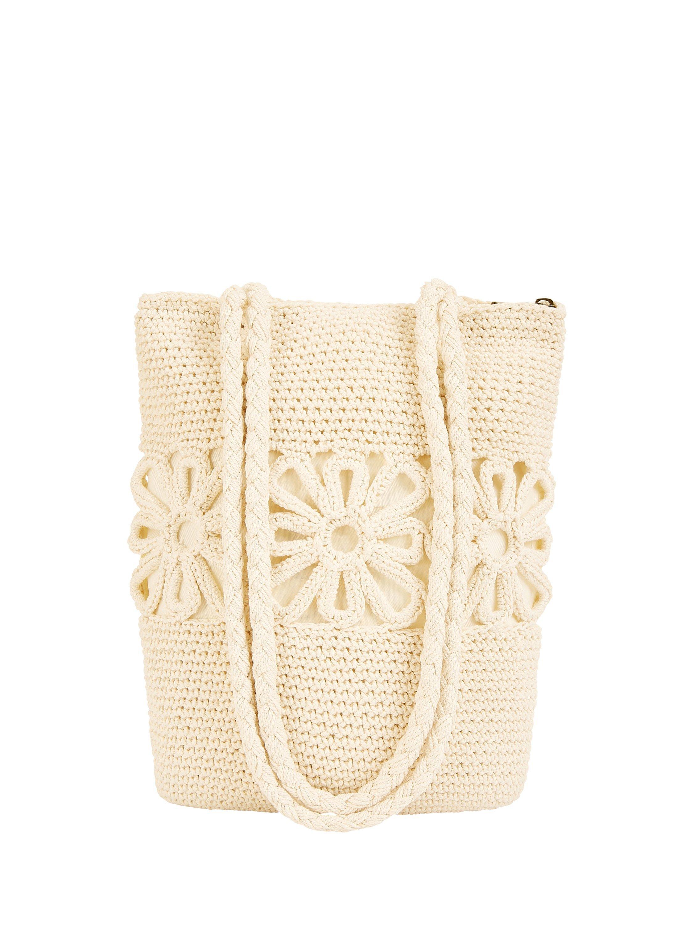 Product image 1 of 4, which shows Yumi Crochet Tote Bag, White