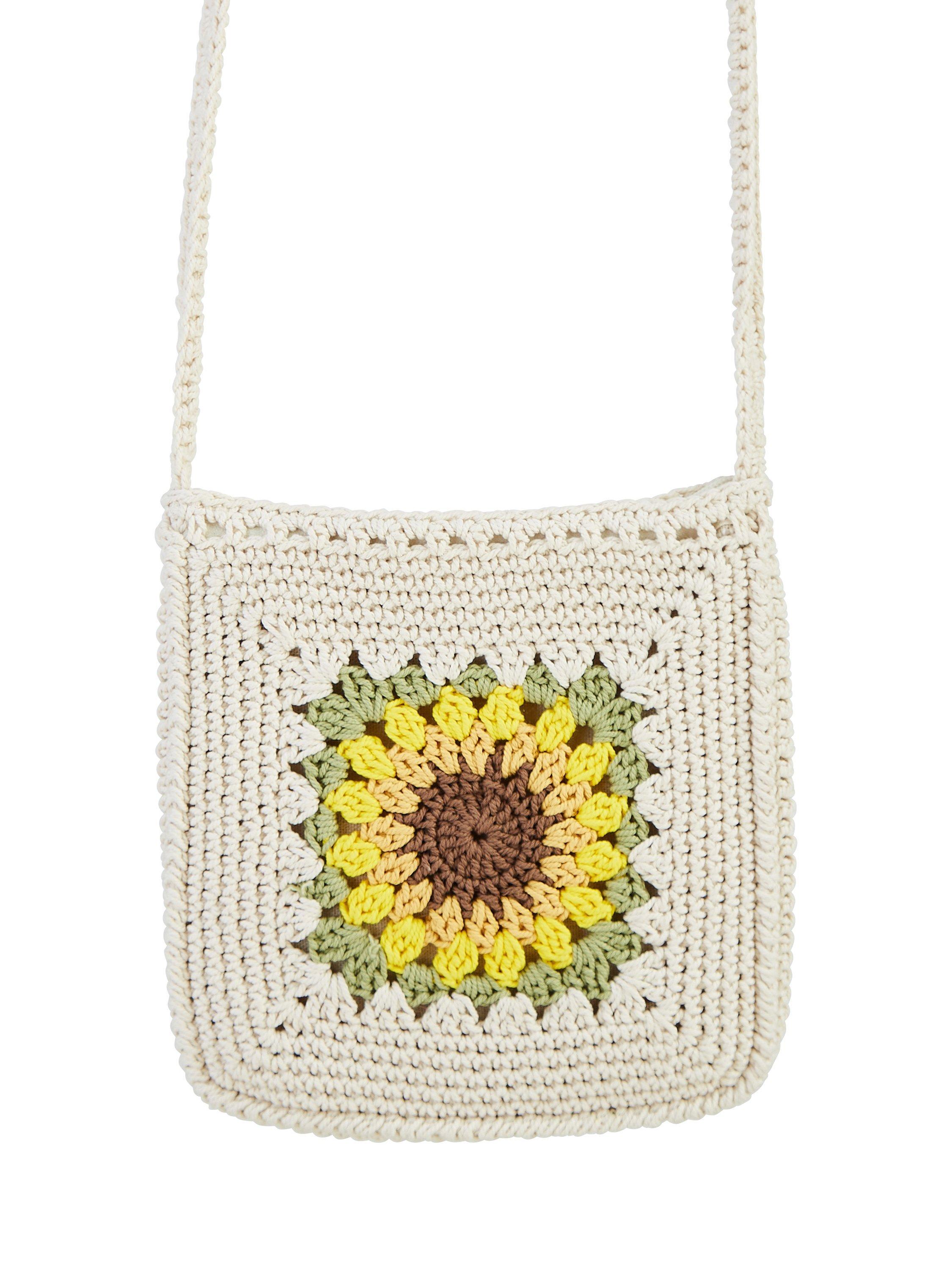 Product image 1 of 4, which shows Yumi Sunflower Floral Crochet Bag, White/Multi