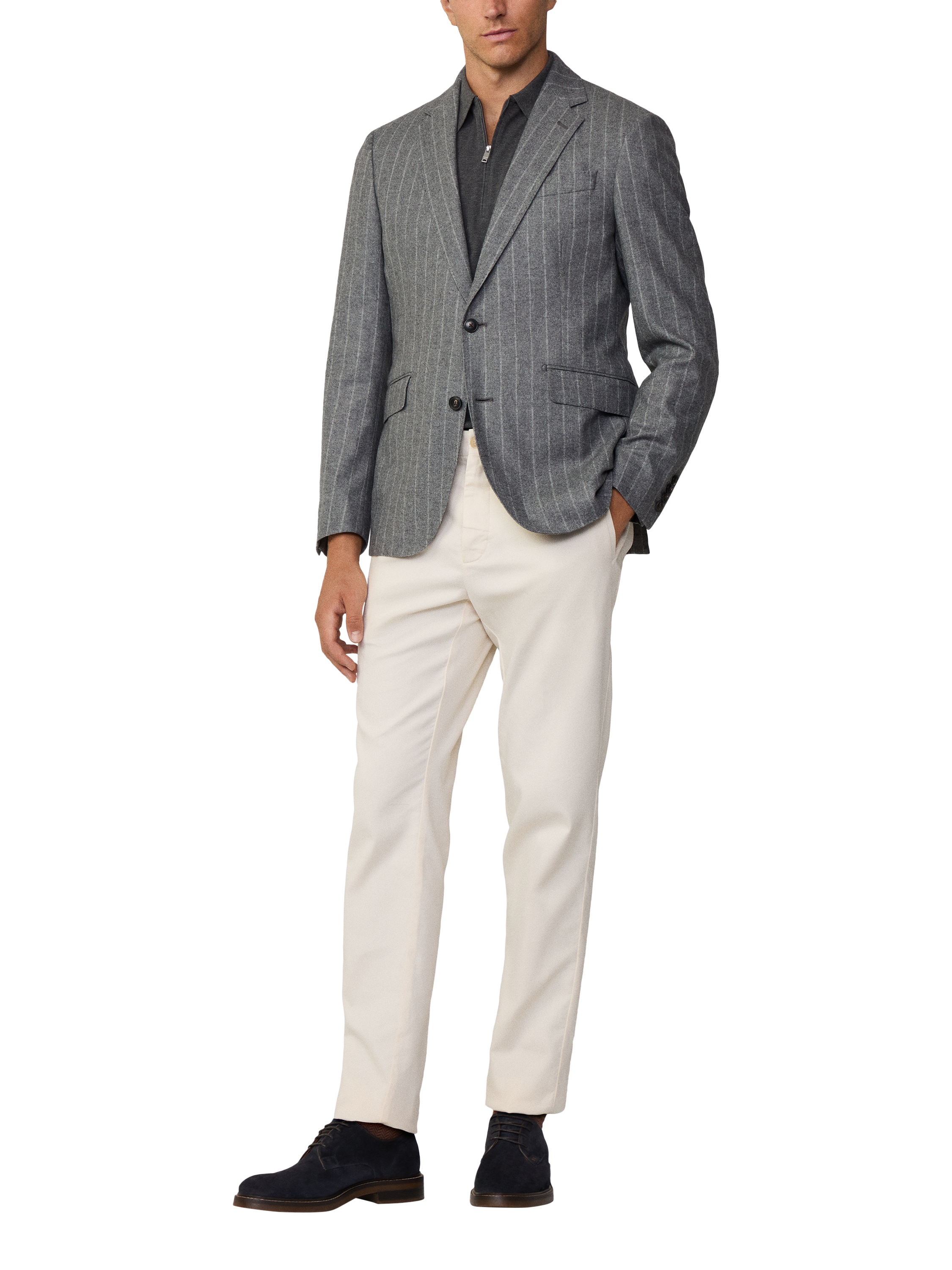 Product image 1 of 7, which shows Hackett London Tailored Fit Wool Blend Chalk Stripe Suit Jacket, Granite Grey, 36