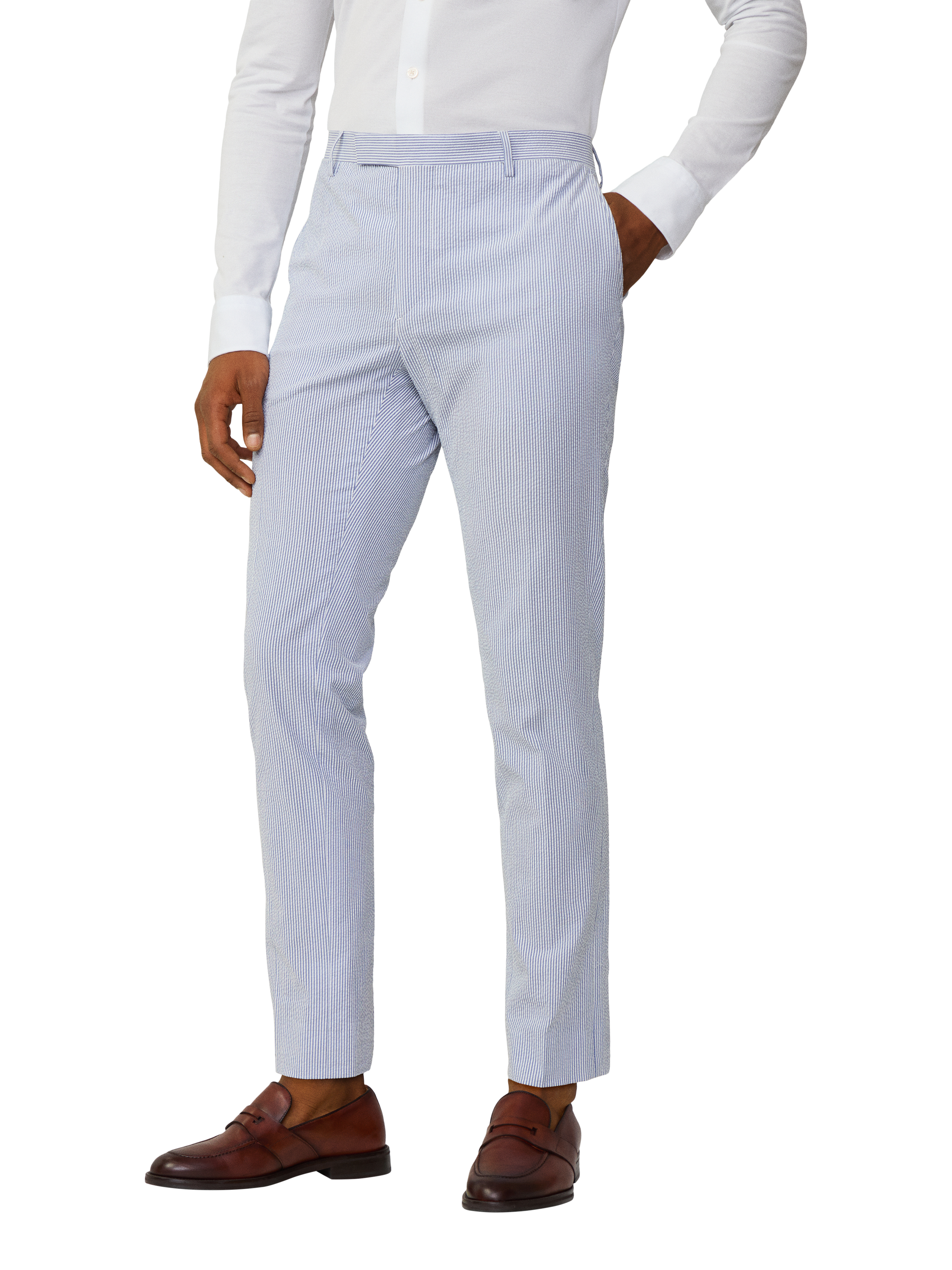 Product image 1 of 7, which shows Hackett London Kensington Stripe Cotton Trousers, Summer Blue, 42R