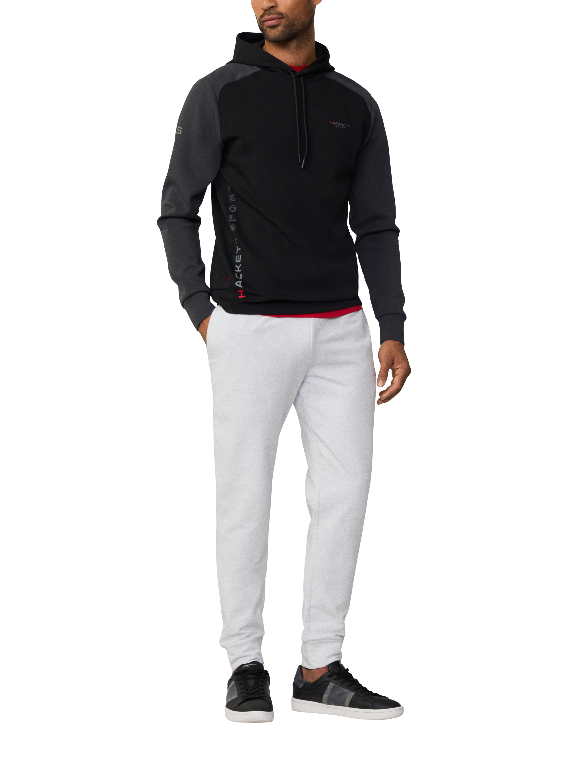 Product image 1 of 6, which shows Hackett London Cotton Blend Multi Panel Hoodie, Black, XXXL