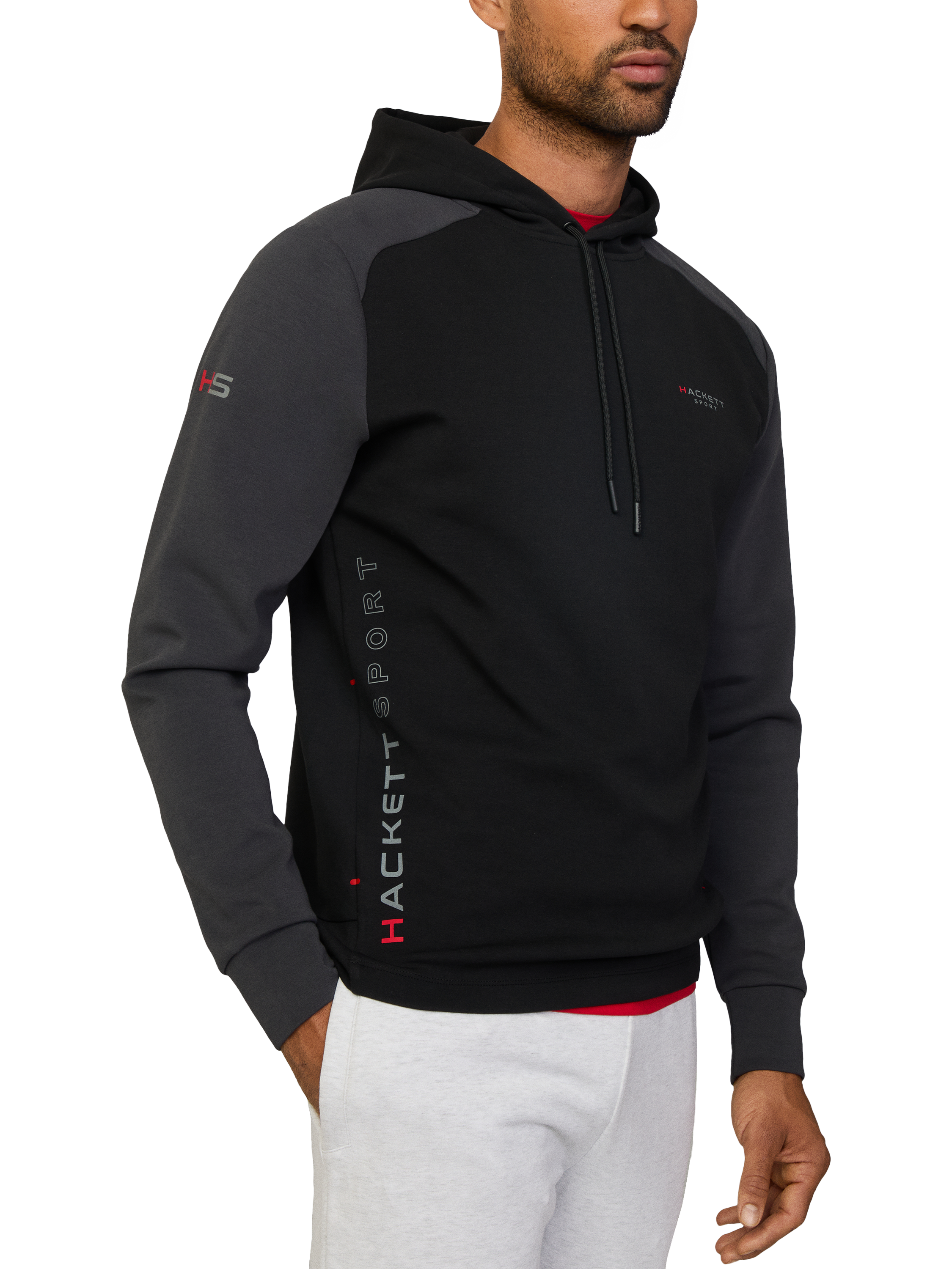 Product image 2 of 6, which shows Hackett London Cotton Blend Multi Panel Hoodie, Black, XXXL