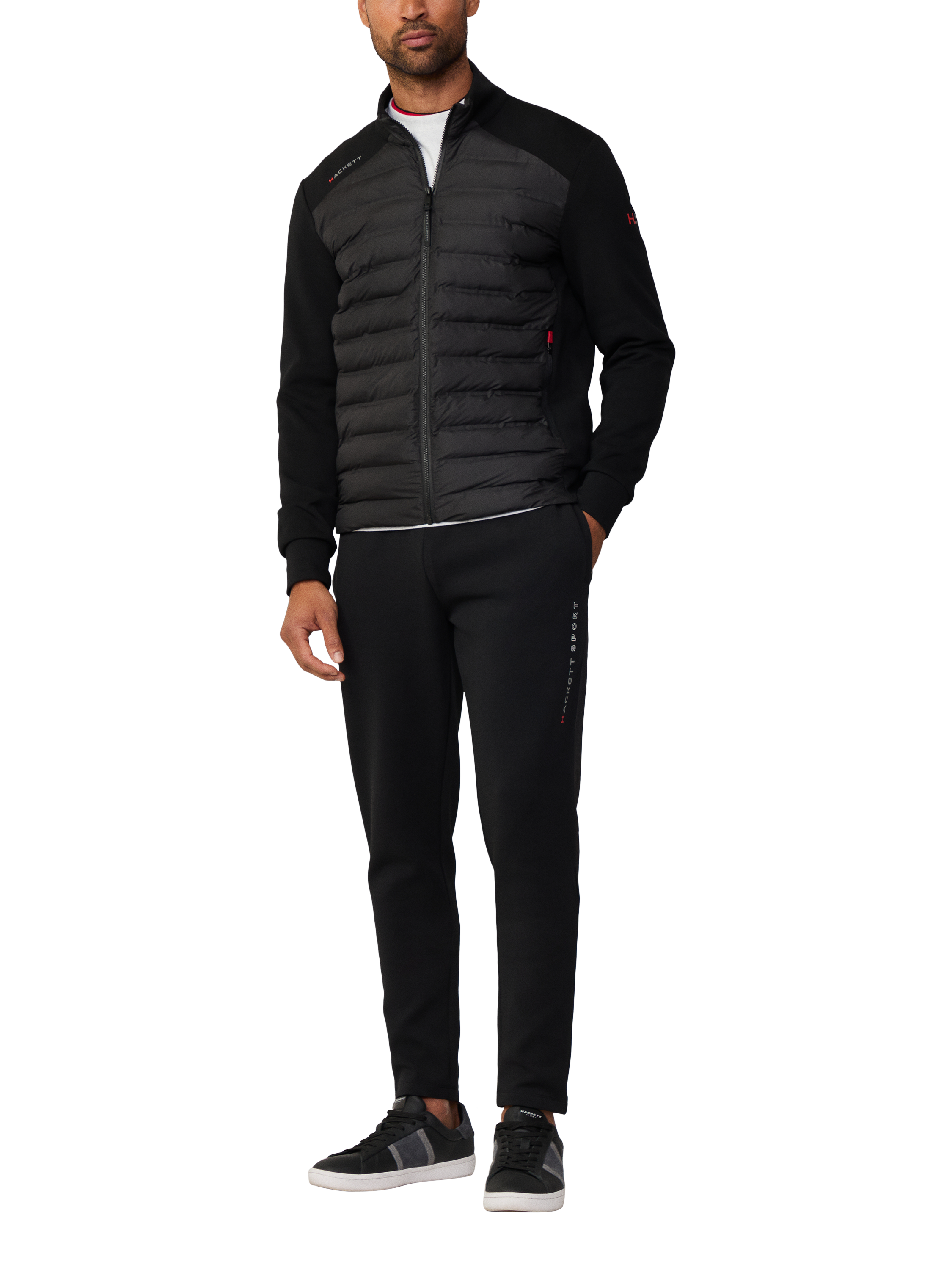 Product image 1 of 11, which shows Hackett London Hybrid Quilted Full Zip Track Top, Black, XXL