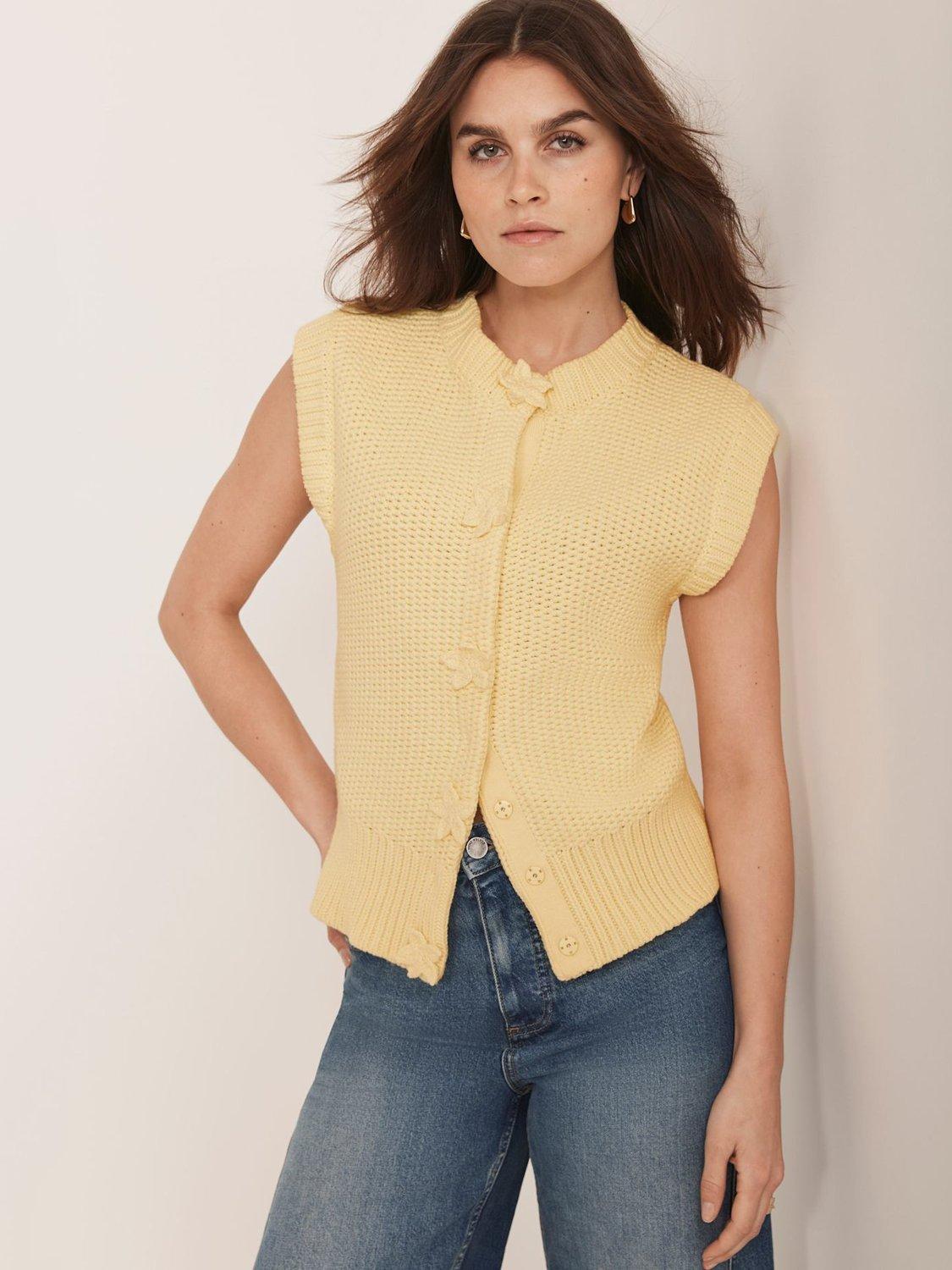 Mint Velvet Floral Button Knit Top, Yellow