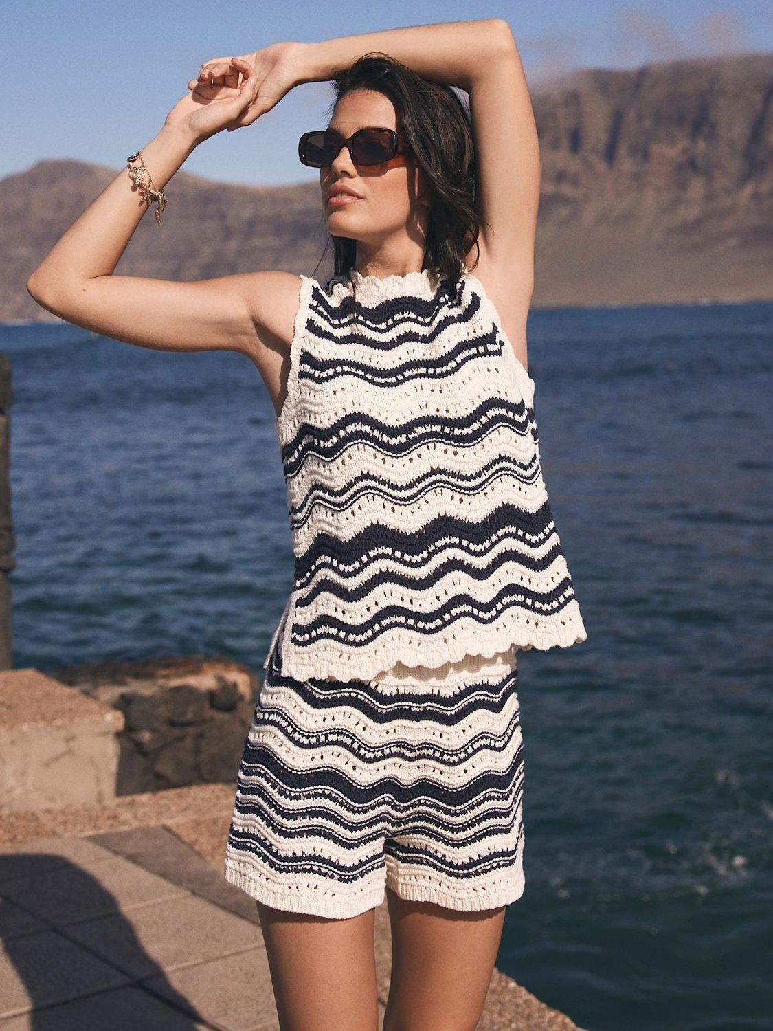 Product image 4 of 7, which shows Mint Velvet Wavy Stripe Knit Shorts, Ivory/Multi, L
