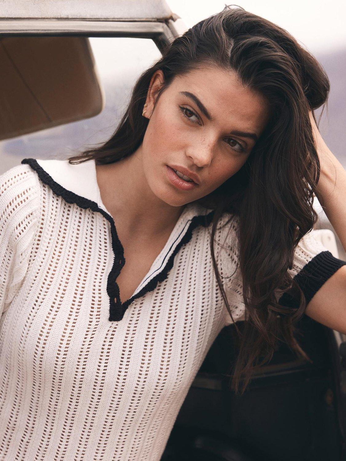 Product image 4 of 8, which shows Mint Velvet Pure Cotton Short Sleeve Polo Shirt, White Ivory, L