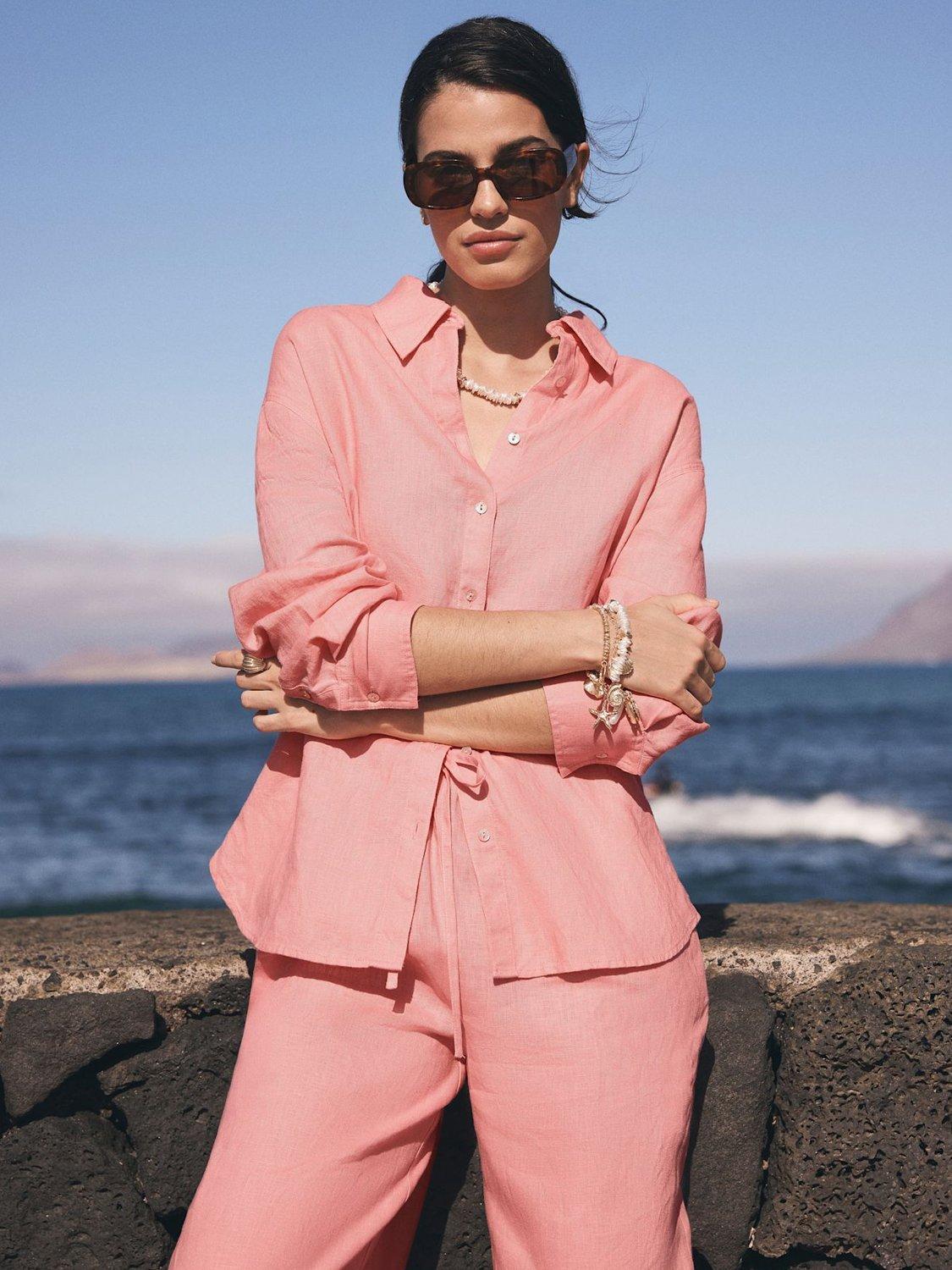 Product image 5 of 7, which shows Mint Velvet Pure Linen Long Sleeve Shirt, Pink, L