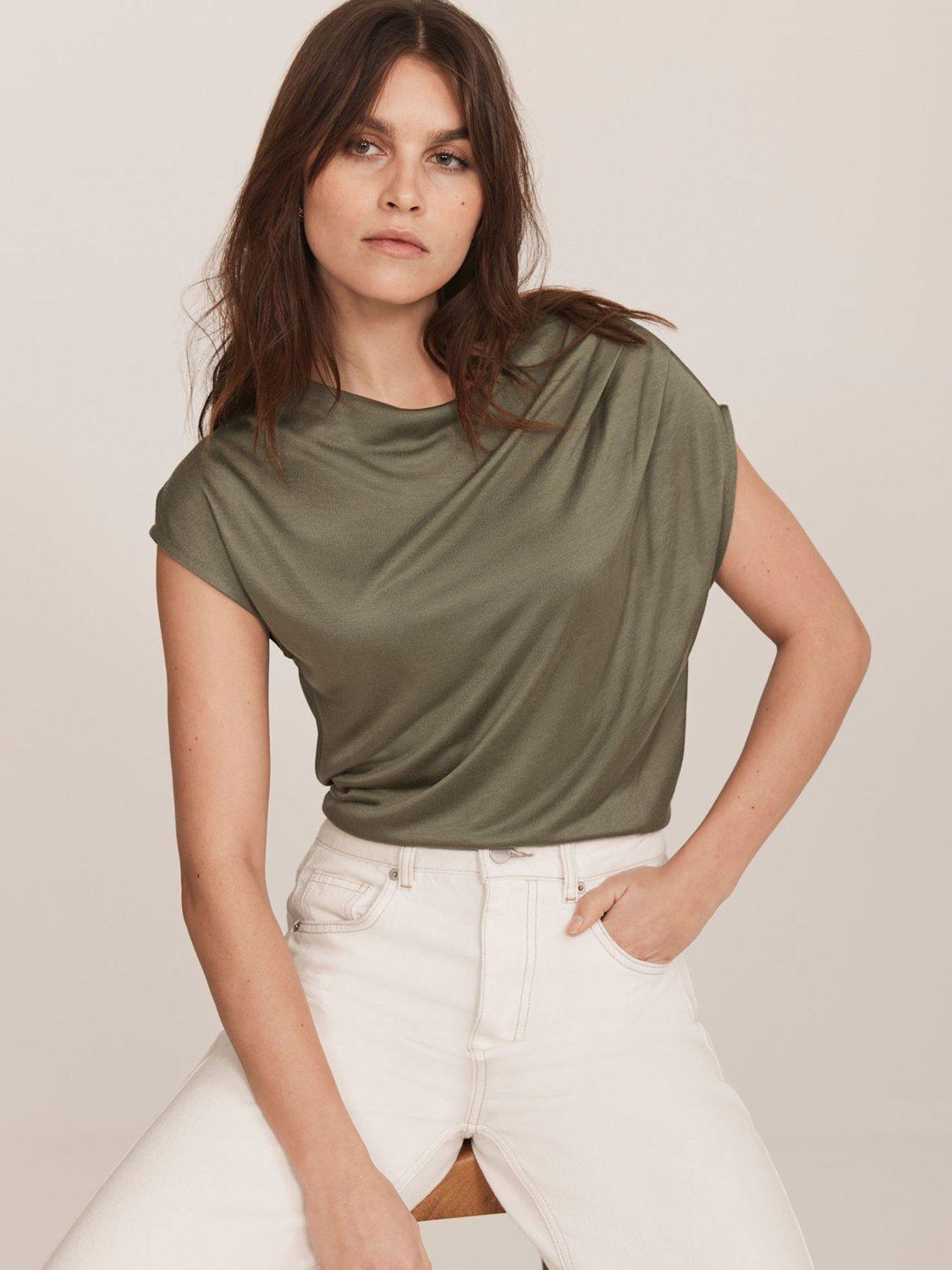 Product image 3 of 7, which shows Mint Velvet Ruched Shoulder Top, Khaki, L