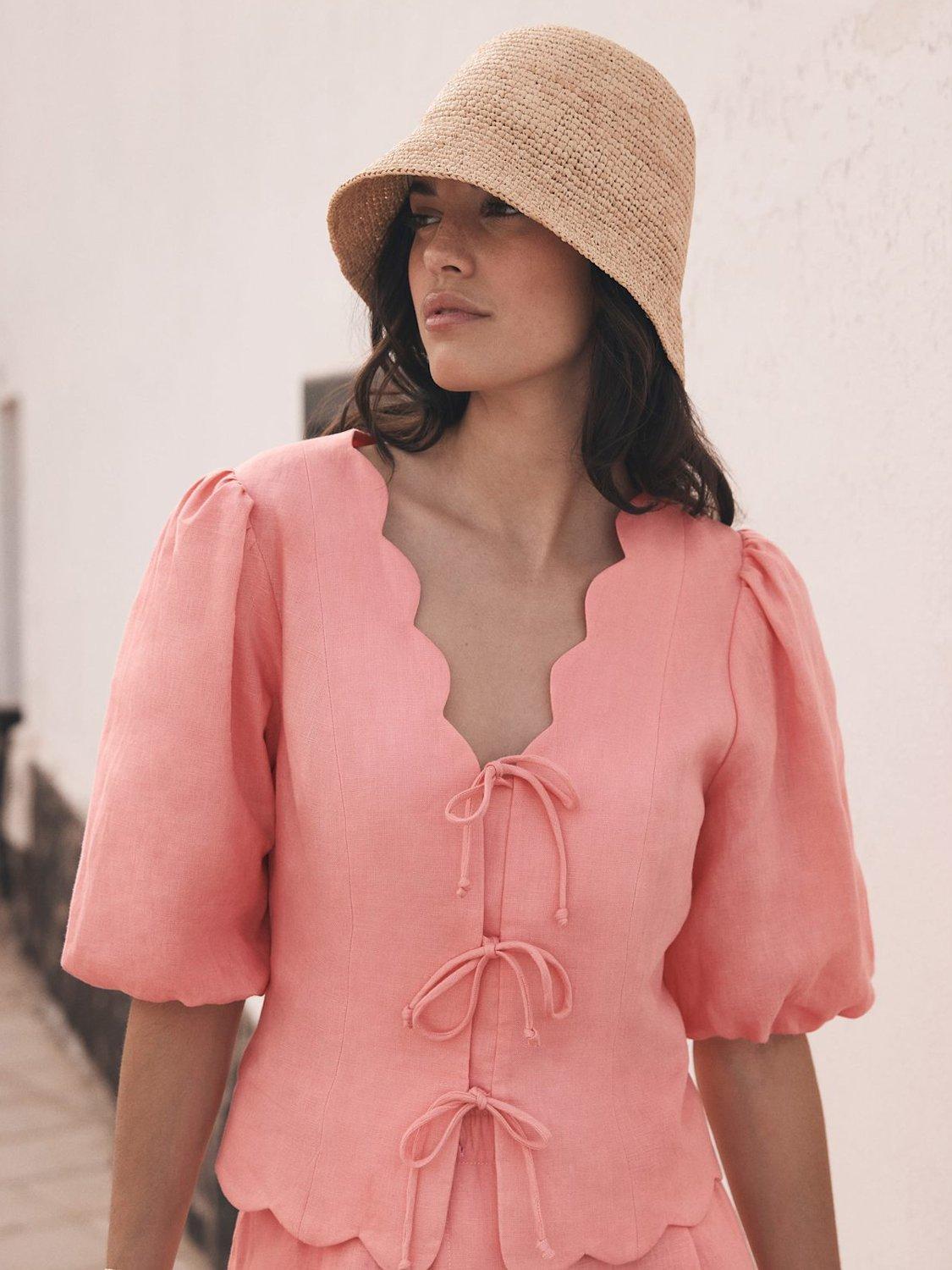 Product image 2 of 8, which shows Mint Velvet Scallop Tie Front Top, Pink, M