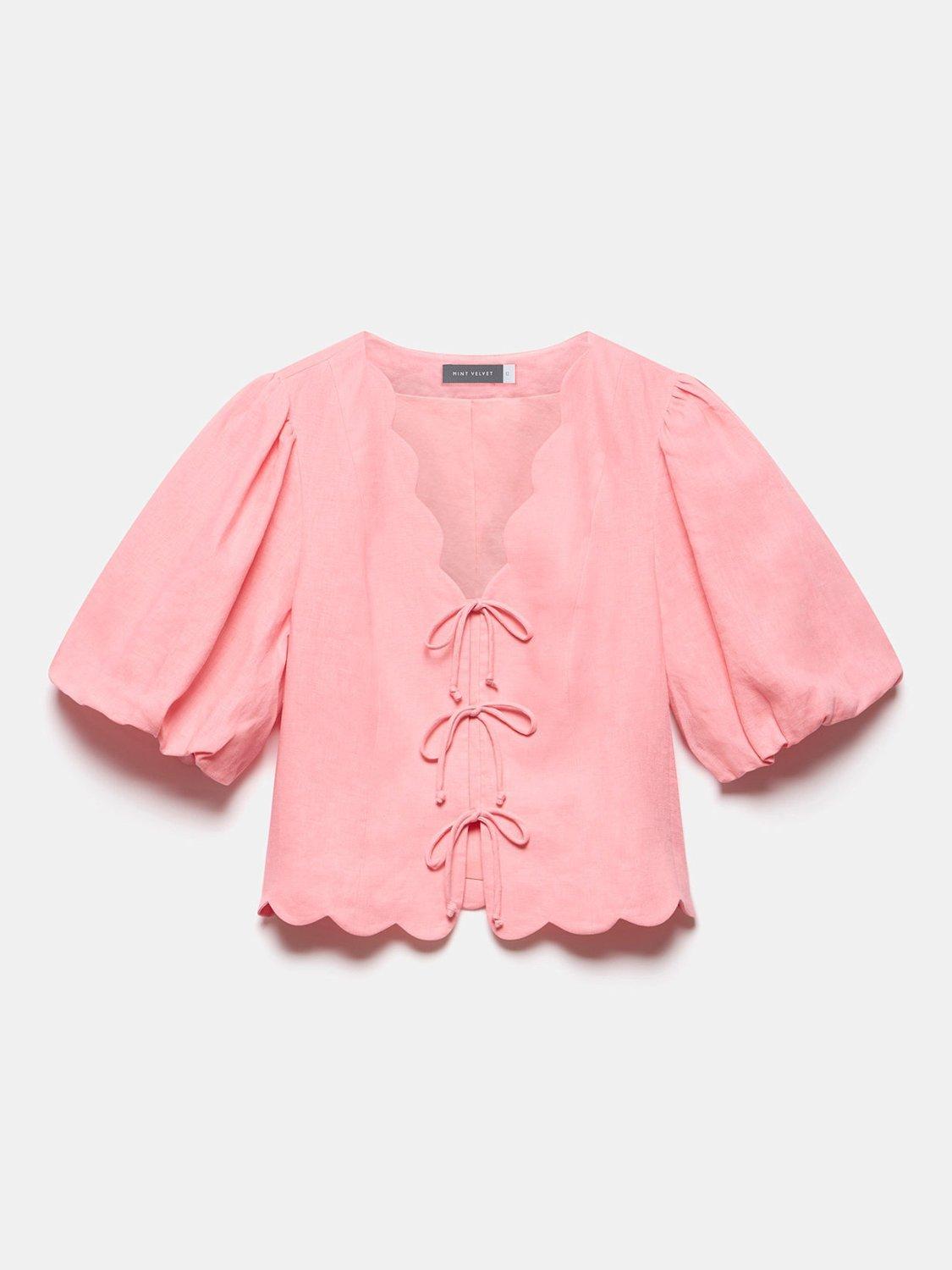 Product image 7 of 8, which shows Mint Velvet Scallop Tie Front Top, Pink, M