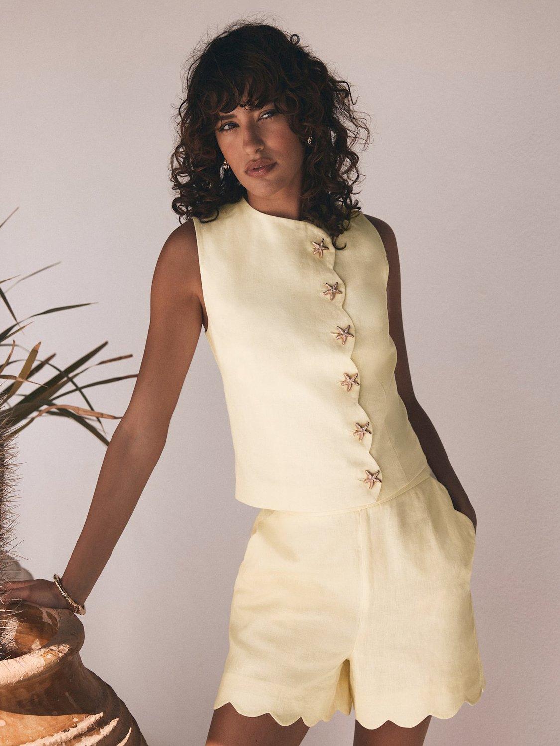 Mint Velvet Pure Linen Scallop Edge Top, Yellow