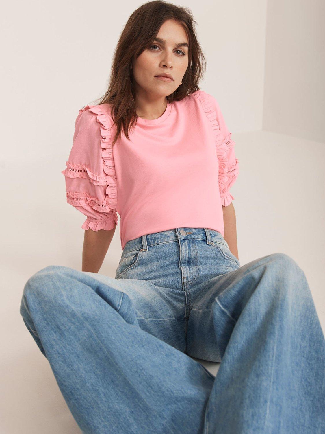 Product image 1 of 7, which shows Mint Velvet Ruffle Detail T-Shirt, Pink, S