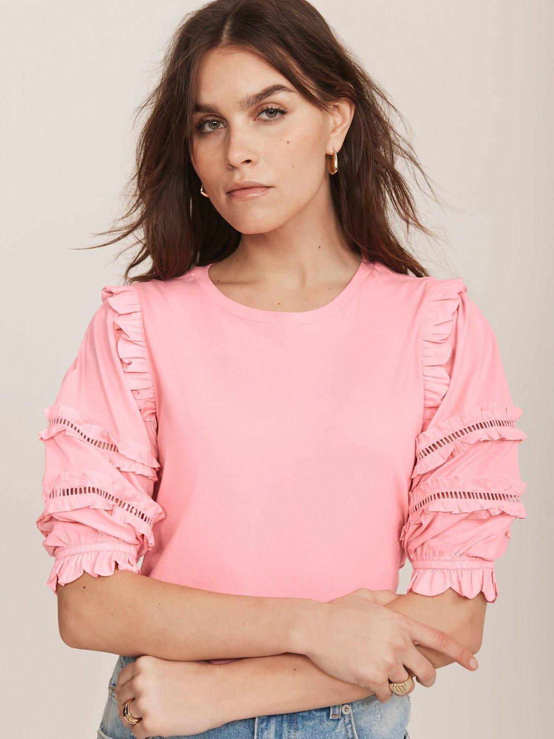 Product image 5 of 7, which shows Mint Velvet Ruffle Detail T-Shirt, Pink, S