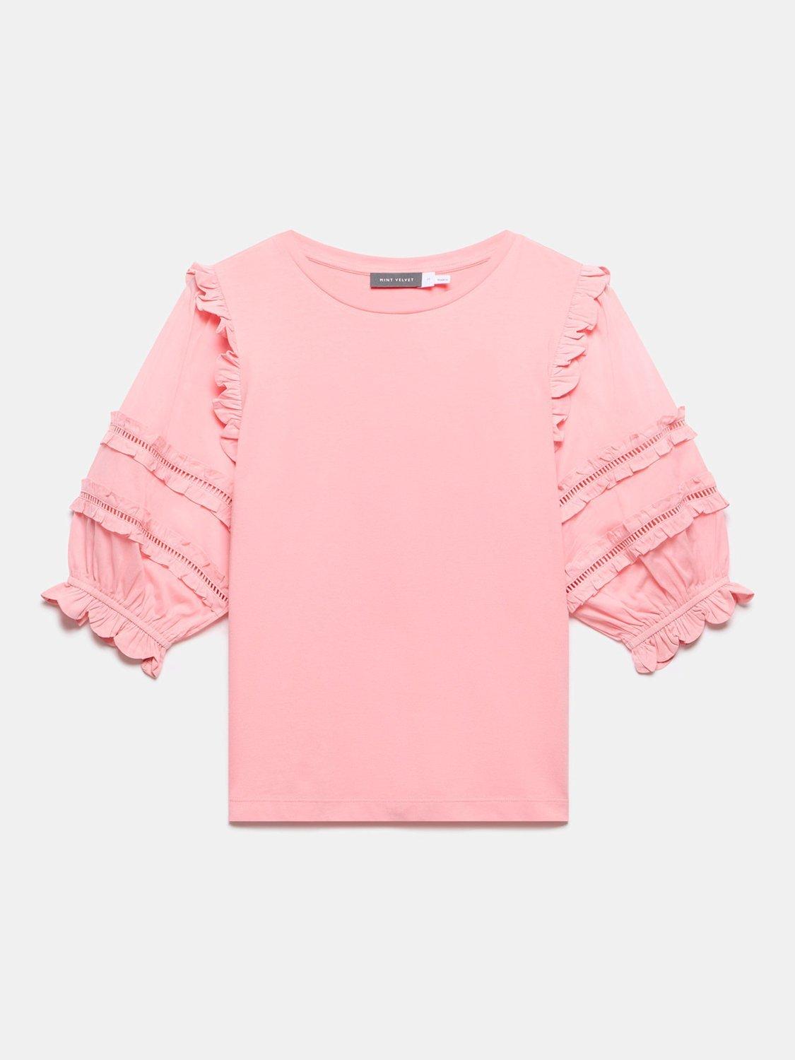 Product image 6 of 7, which shows Mint Velvet Ruffle Detail T-Shirt, Pink, S