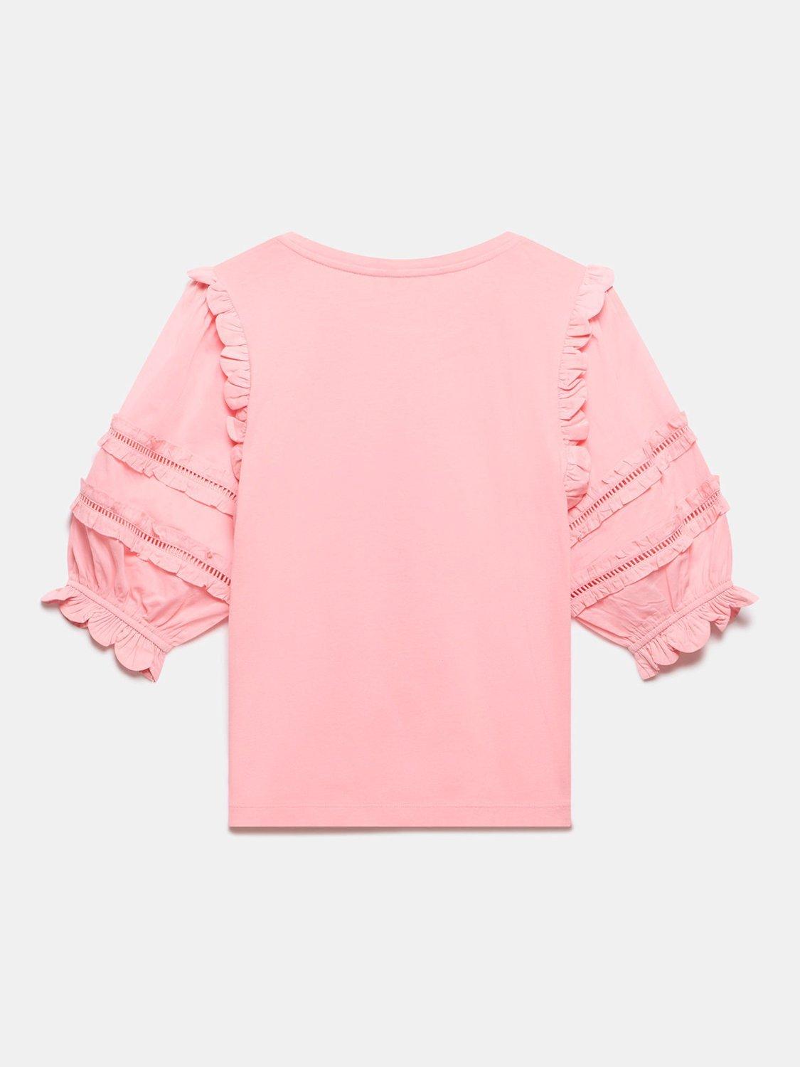 Product image 7 of 7, which shows Mint Velvet Ruffle Detail T-Shirt, Pink, S