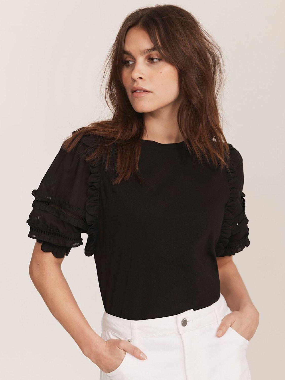 Product image 3 of 7, which shows Mint Velvet Ruffle Detail T-Shirt, Black, S