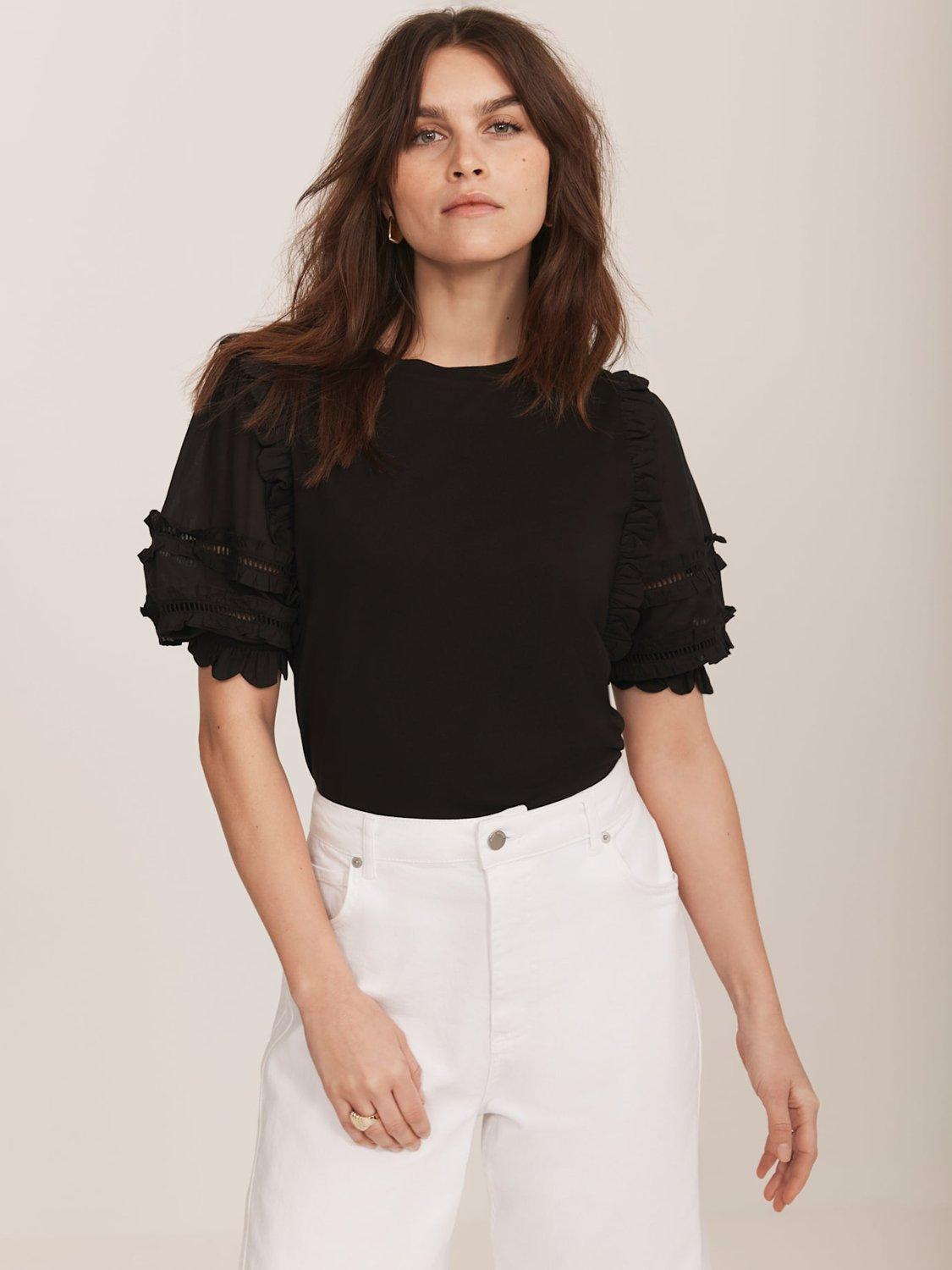 Product image 5 of 7, which shows Mint Velvet Ruffle Detail T-Shirt, Black, S