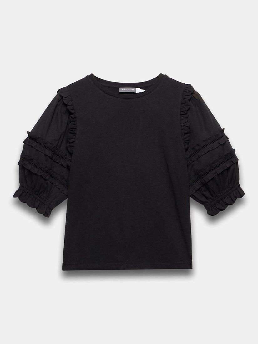 Product image 6 of 7, which shows Mint Velvet Ruffle Detail T-Shirt, Black, S