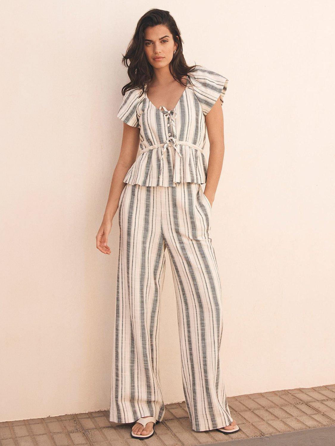 Product image 1 of 6, which shows Mint Velvet Stripe Wide Leg Trousers, Ivory, S
