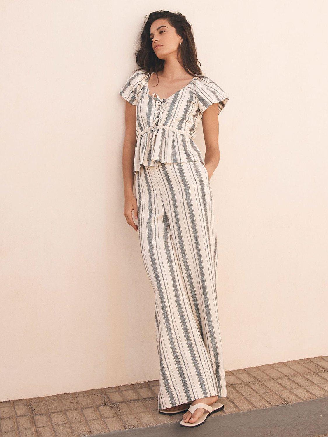 Product image 4 of 6, which shows Mint Velvet Stripe Wide Leg Trousers, Ivory, S