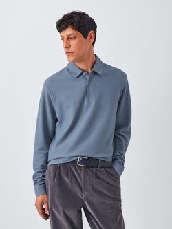 John Lewis Supima Cotton Pique Long Sleeve Polo Shirt, Flint Stone, Flint Stone