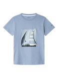 Hackett London Kids' Cotton Sail Boat Print Slim Fit T-Shirt, Spa Blue