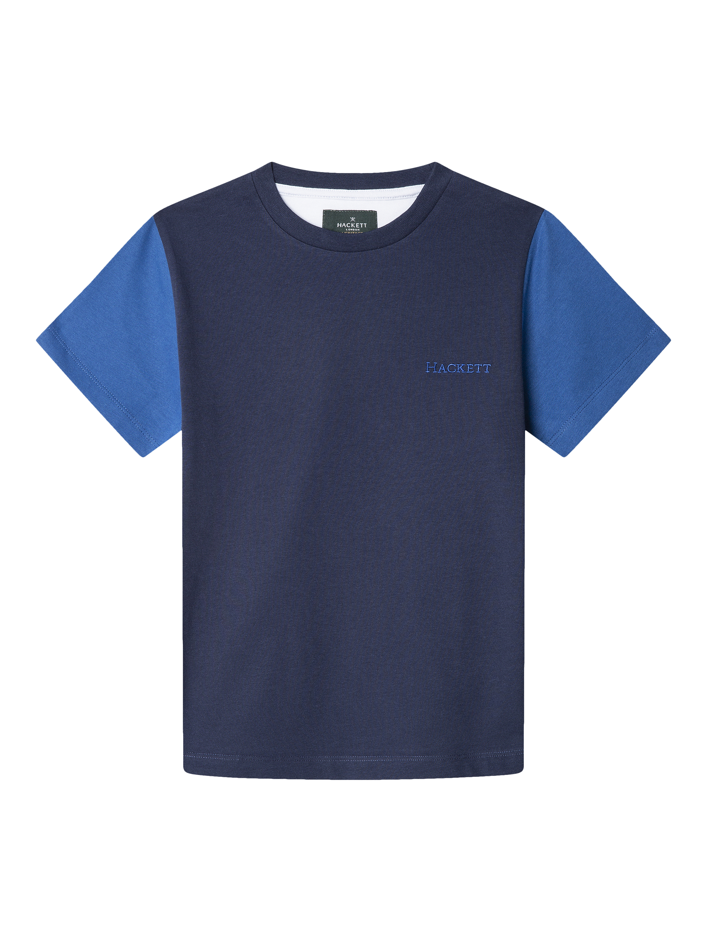 Product image 1 of 4, which shows Hackett London Kids' Heritage Cotton Colour Block T-Shirt, Ink Blue, 2 years