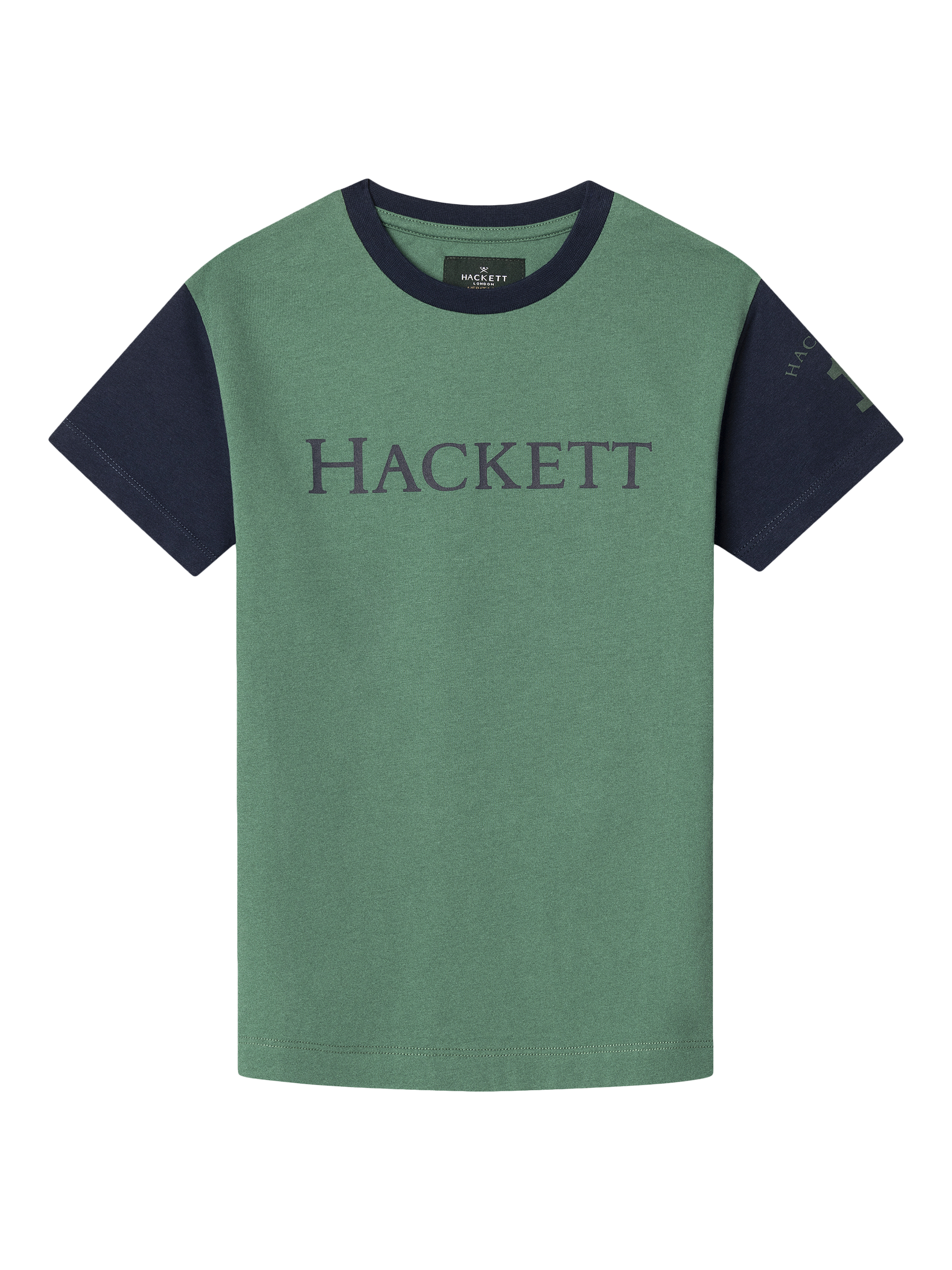 Product image 1 of 3, which shows Hackett London Kids' Heritage Cotton Colour Block T-Shirt, Grass Green, 15 years