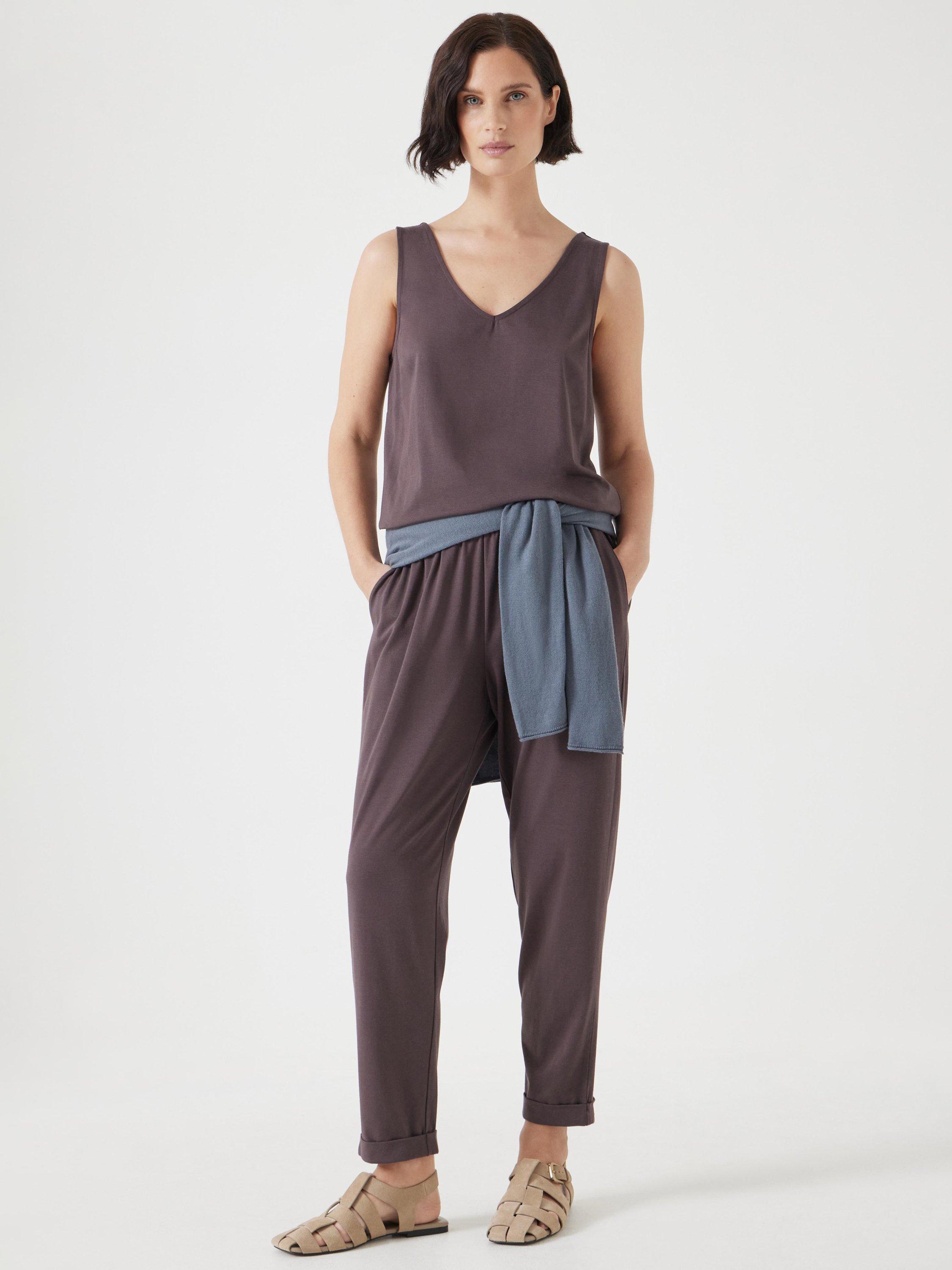 Product image 1 of 6, which shows HUSH Jersey Cropped Jumpsuit, Raisin Brown, XXS
