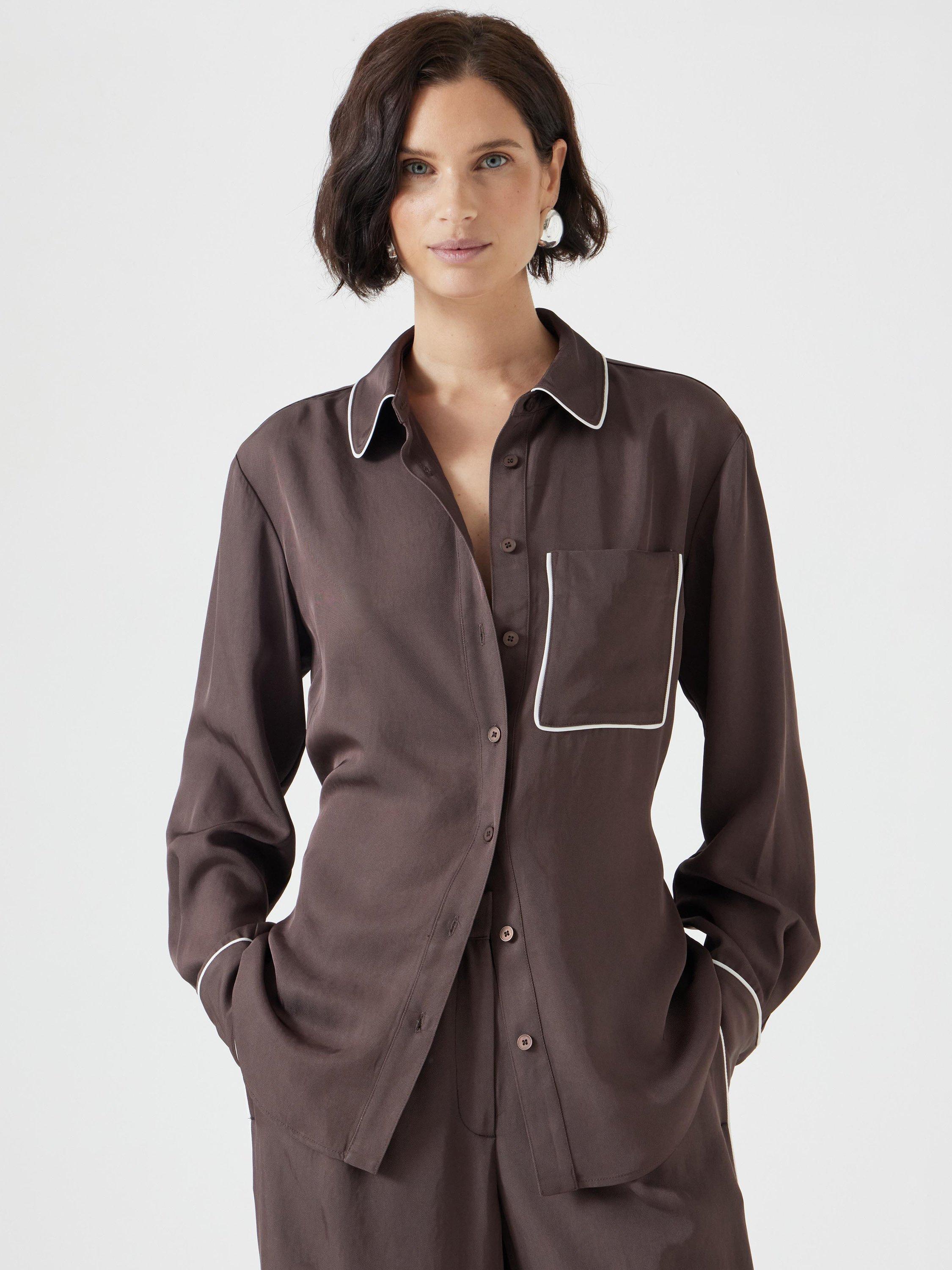 Product image 1 of 5, which shows HUSH Kinsey Piping Detail Long Sleeve Shirt, Coffee Brown, 4