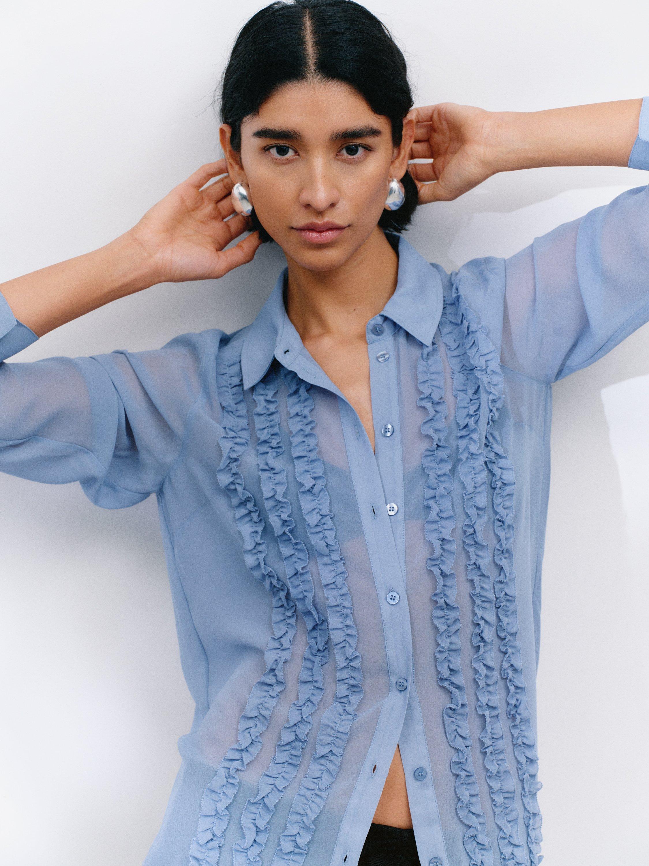 Product image 1 of 6, which shows HUSH Ruffle Long Sleeve Shirt, Light Blue, 4