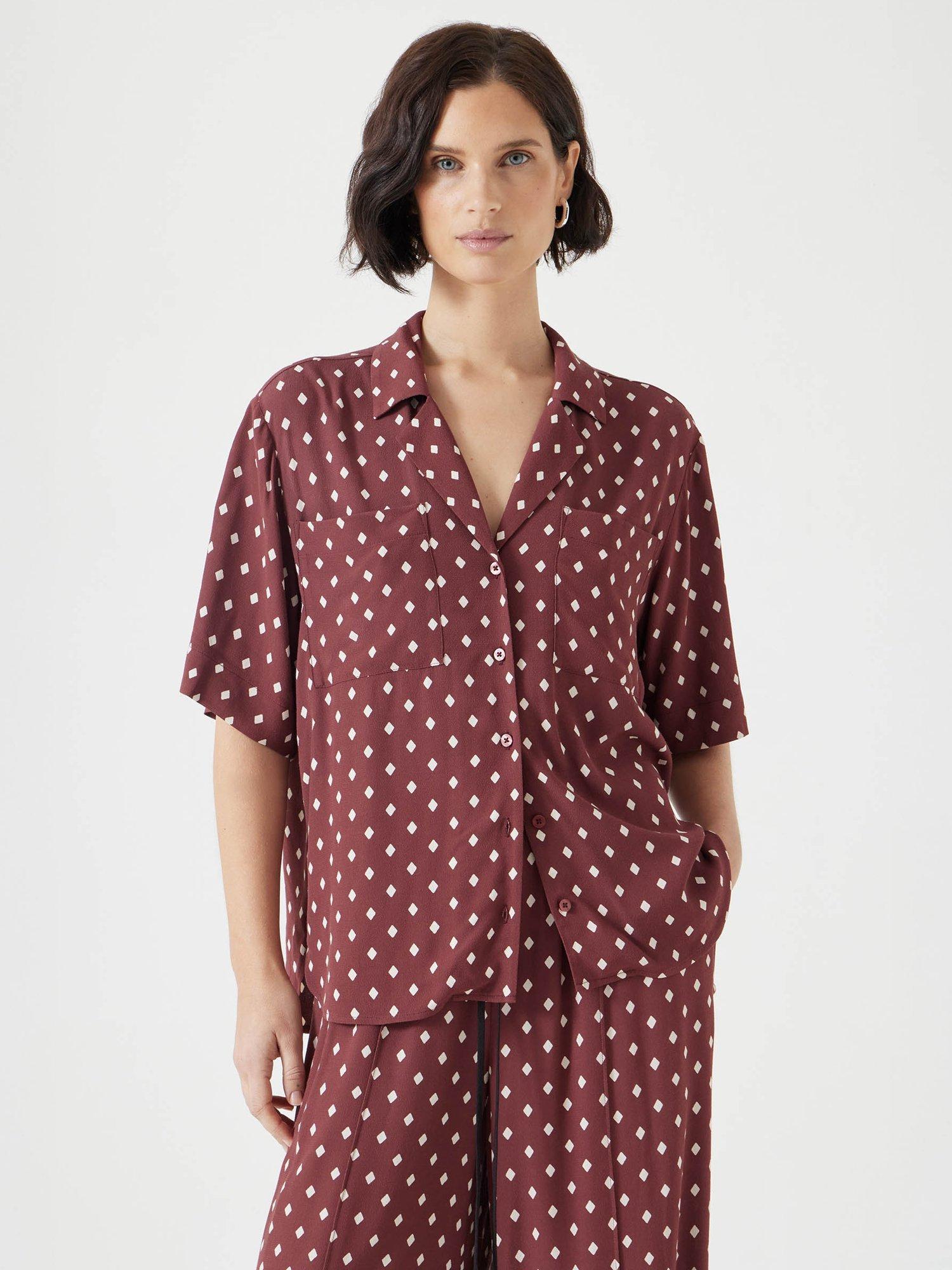 Product image 2 of 5, which shows HUSH Geometric Revere Collar Shirt, Dark Red/White, L