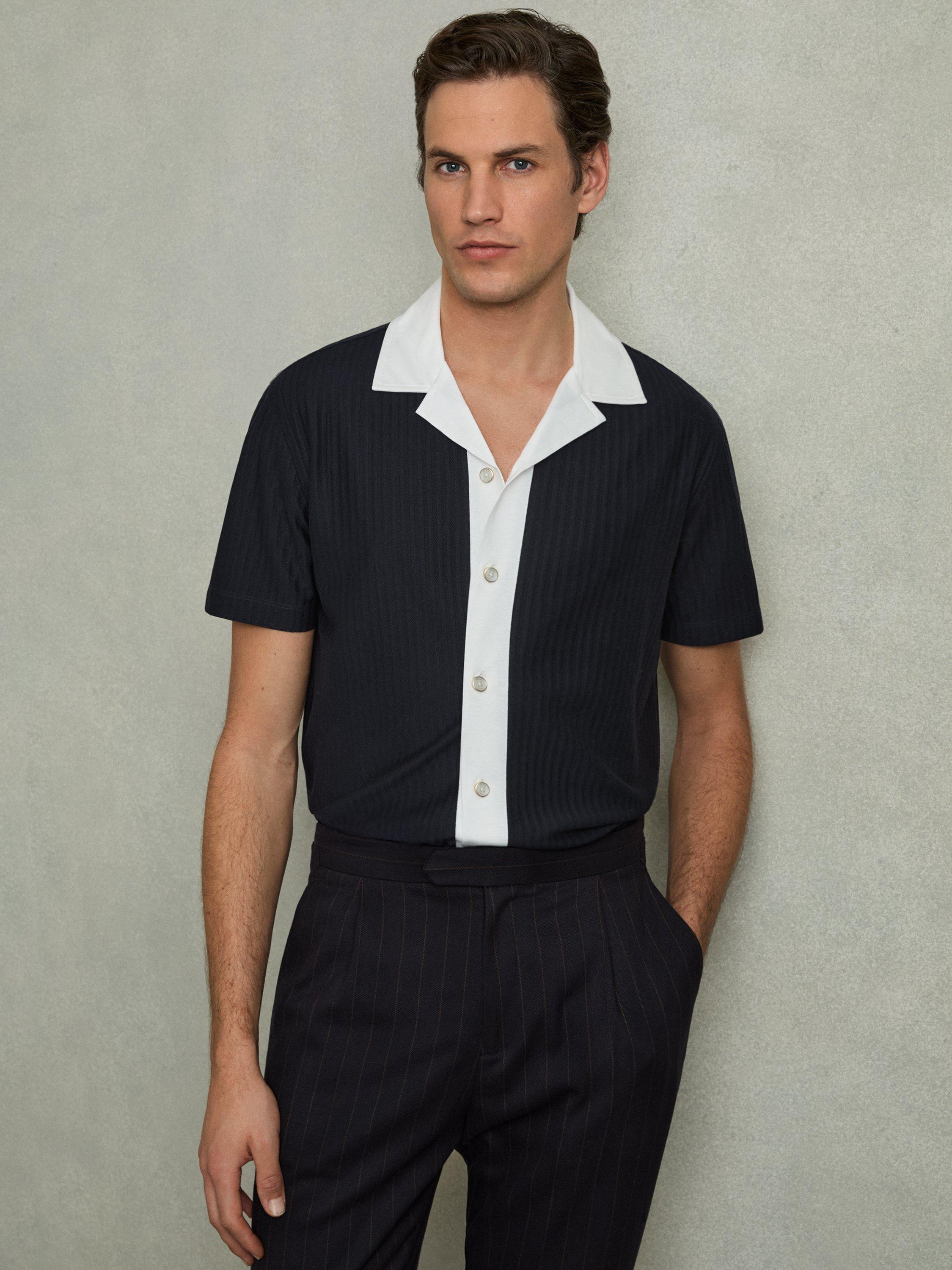 Product image 1 of 5, which shows Reiss Aster Cotton Textured Colour Block Shirt, Navy/White, S