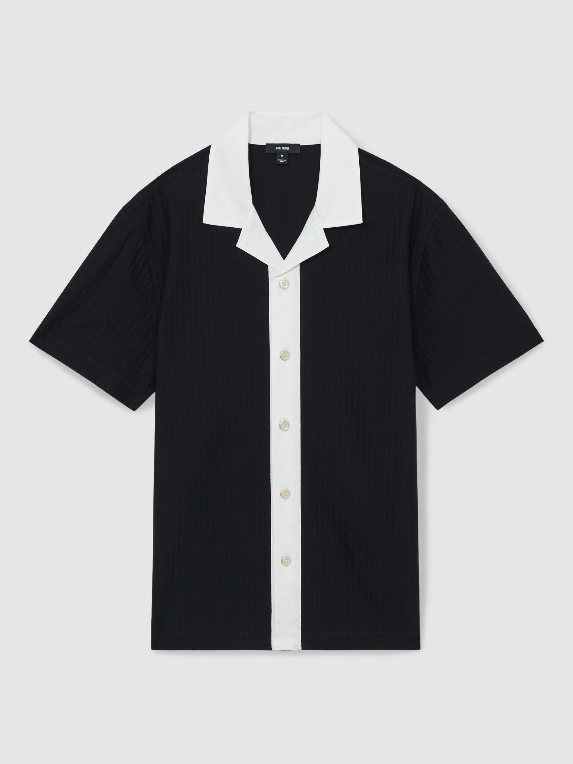 Product image 3 of 5, which shows Reiss Aster Cotton Textured Colour Block Shirt, Navy/White, S