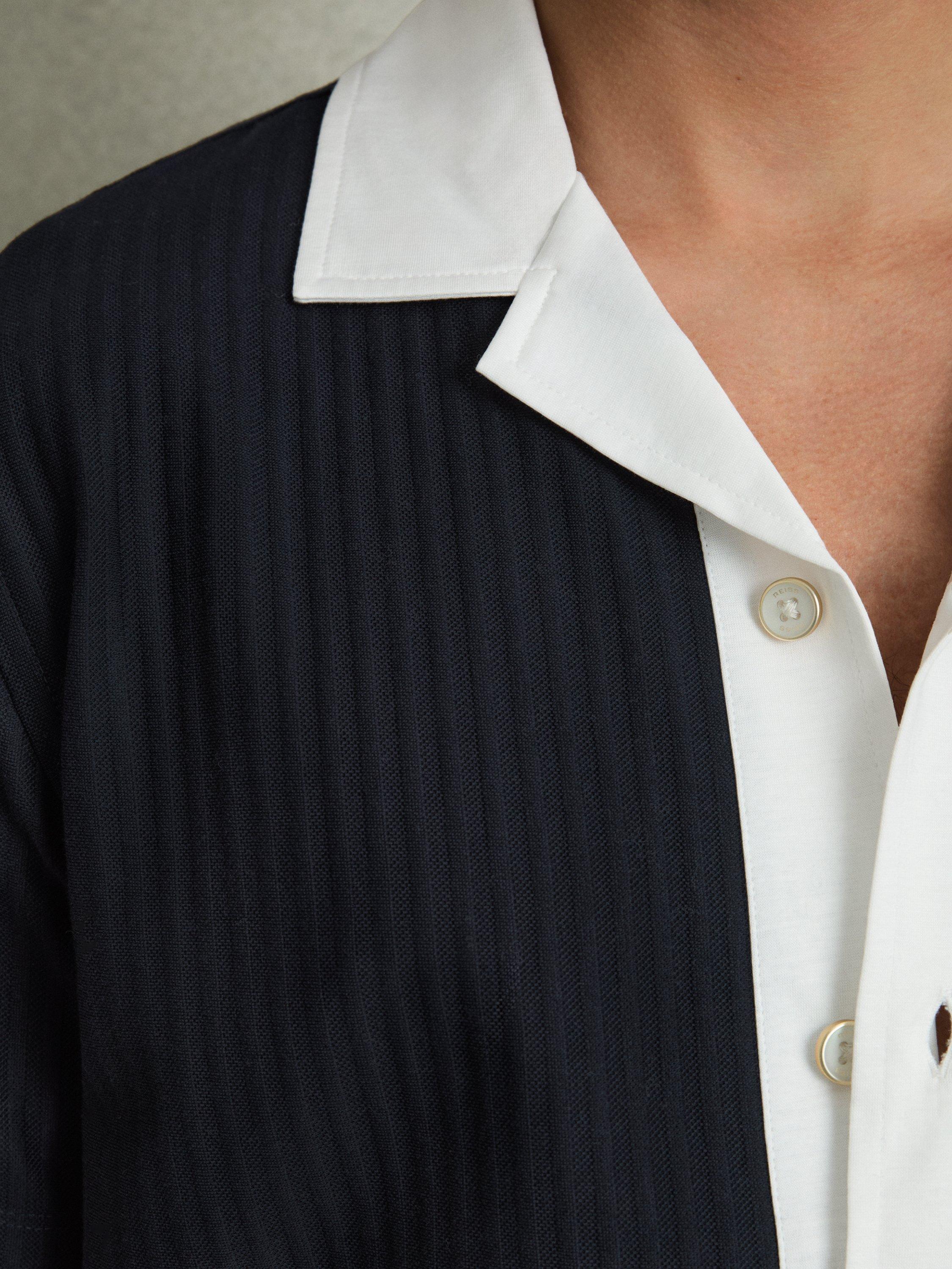 Product image 4 of 5, which shows Reiss Aster Cotton Textured Colour Block Shirt, Navy/White, S