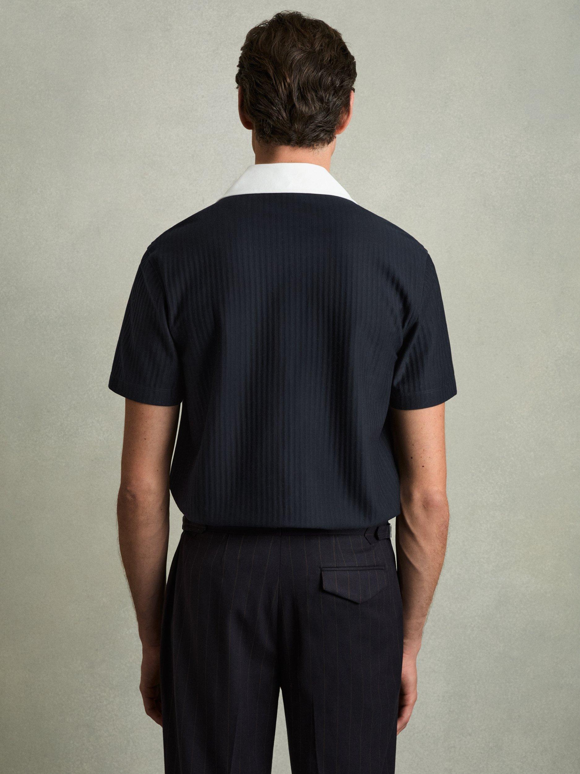 Product image 5 of 5, which shows Reiss Aster Cotton Textured Colour Block Shirt, Navy/White, S