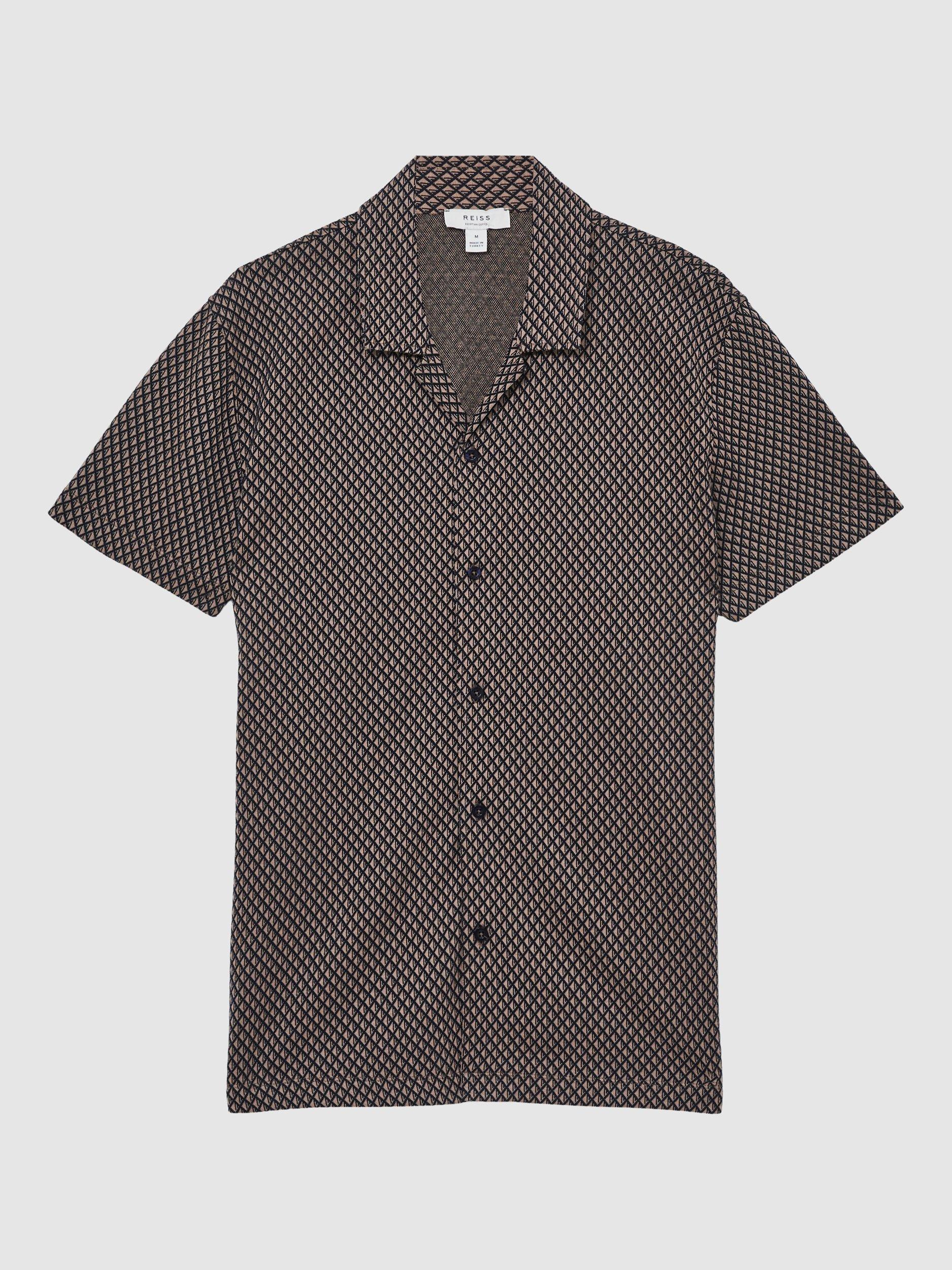 Product image 3 of 5, which shows Reiss Drakes Jacquard Regular Fit Short Sleeve Shirt, Tobacco Brown/Navy, XS